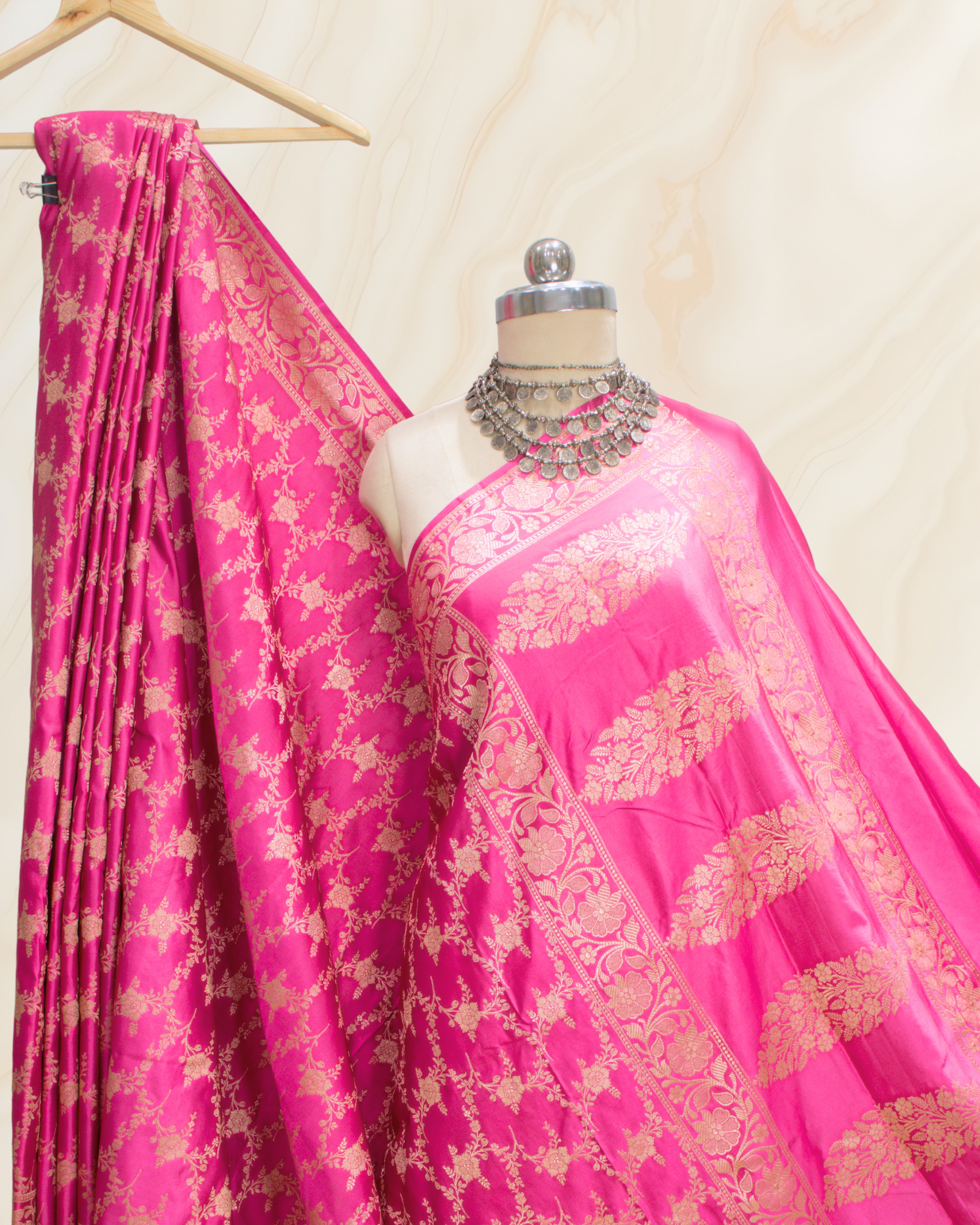 Banarasi Pure Mashroo Silk With Golden Jari Jaal Design