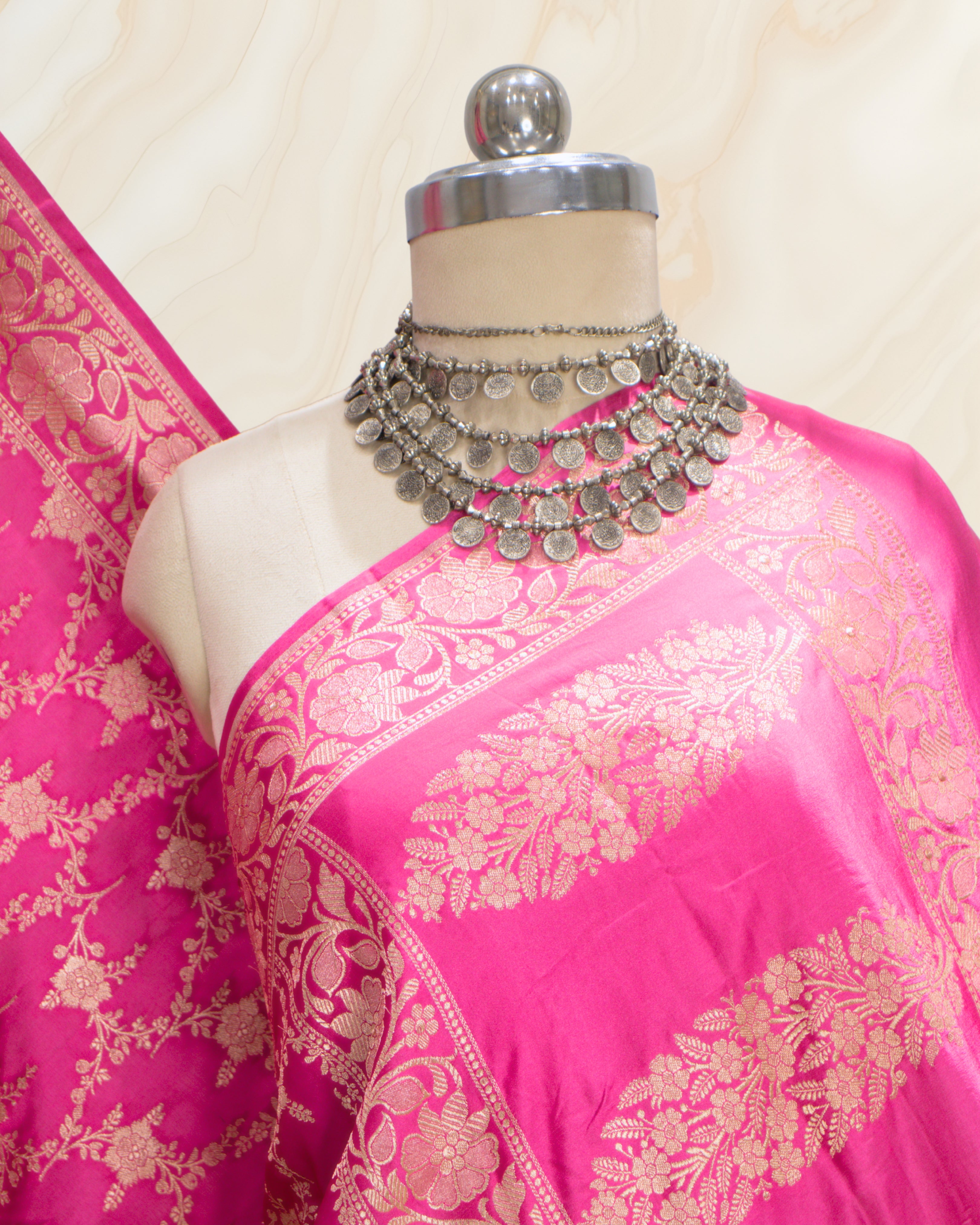 Banarasi Pure Mashroo Silk With Golden Jari Jaal Design