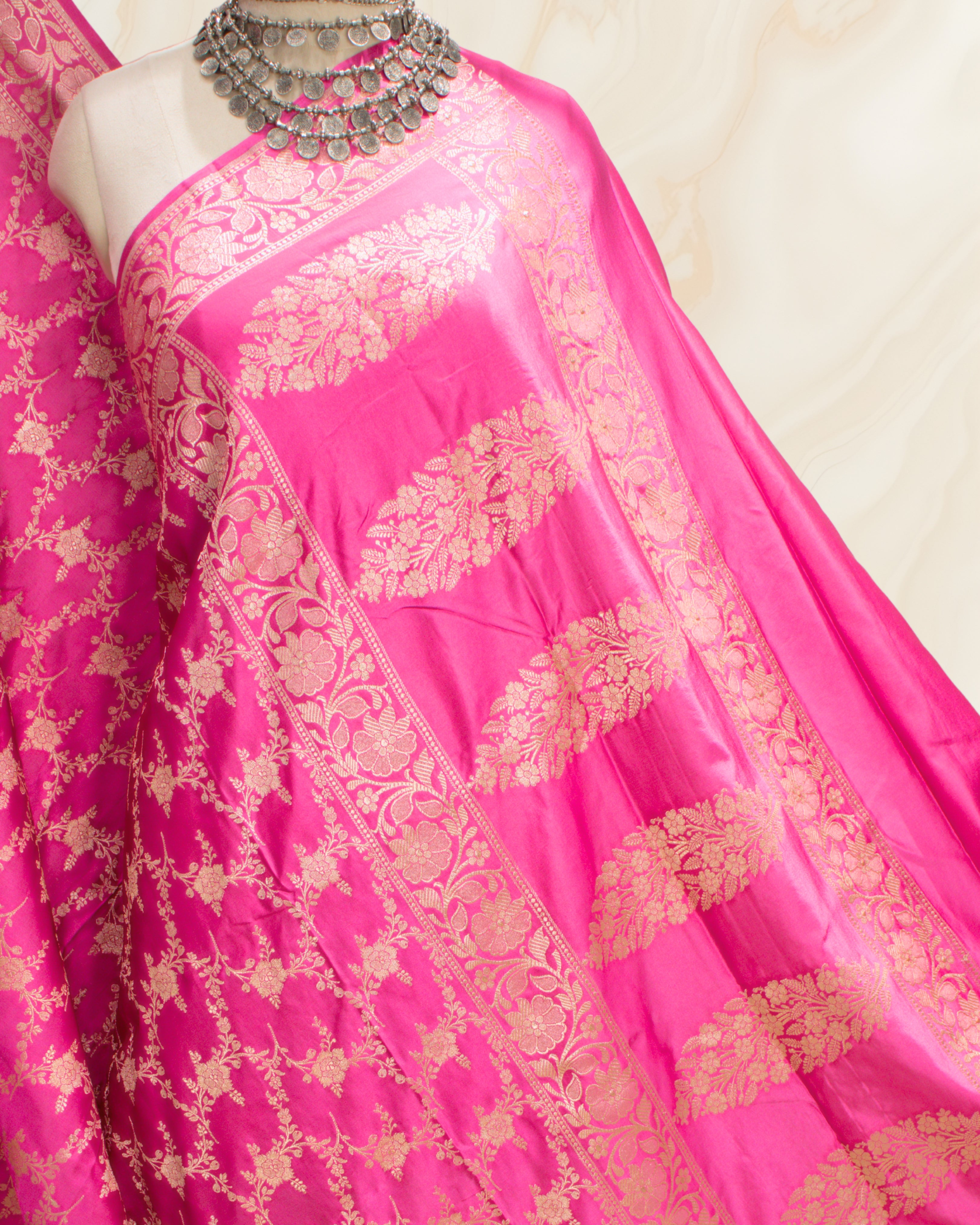 Banarasi Pure Mashroo Silk With Golden Jari Jaal Design