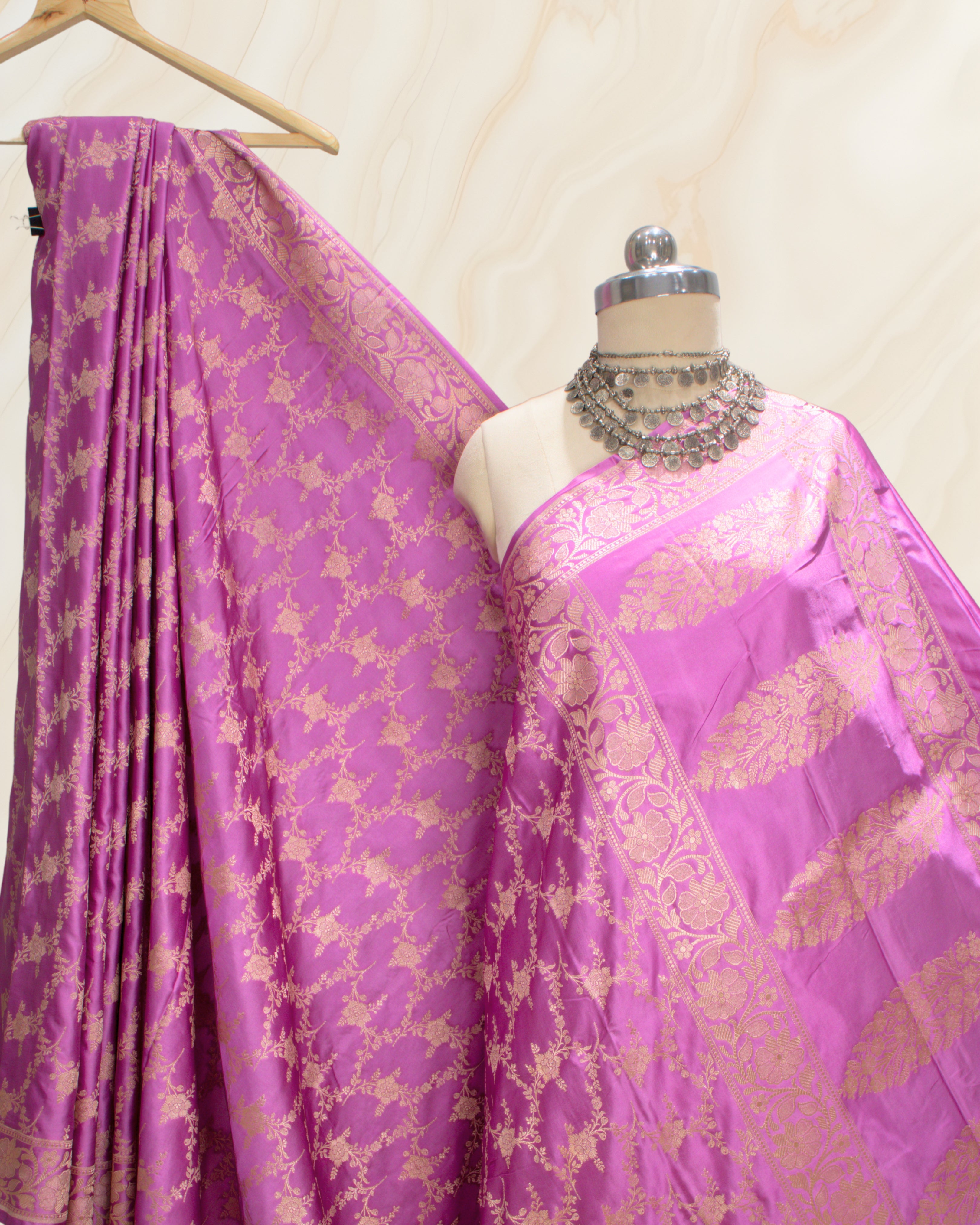 Banarasi Pure Mashroo Silk With Golden Jari Jaal Design