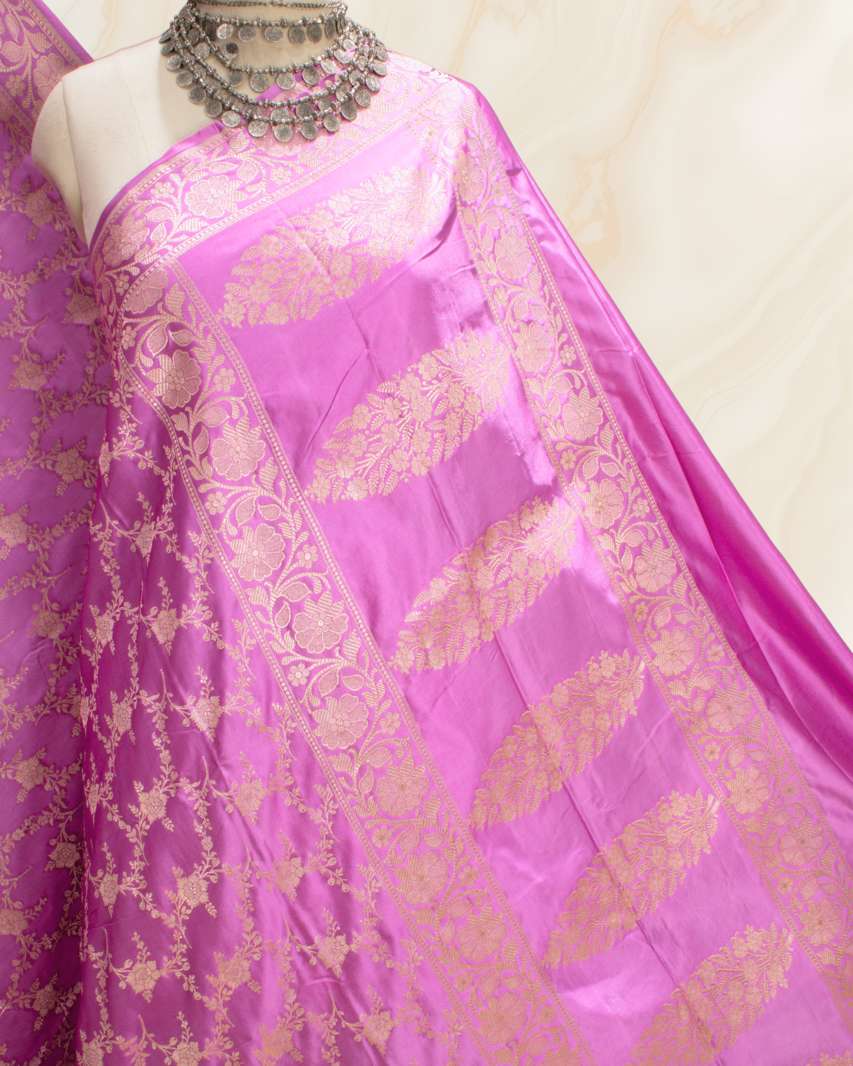 Banarasi Pure Mashroo Silk With Golden Jari Jaal Design