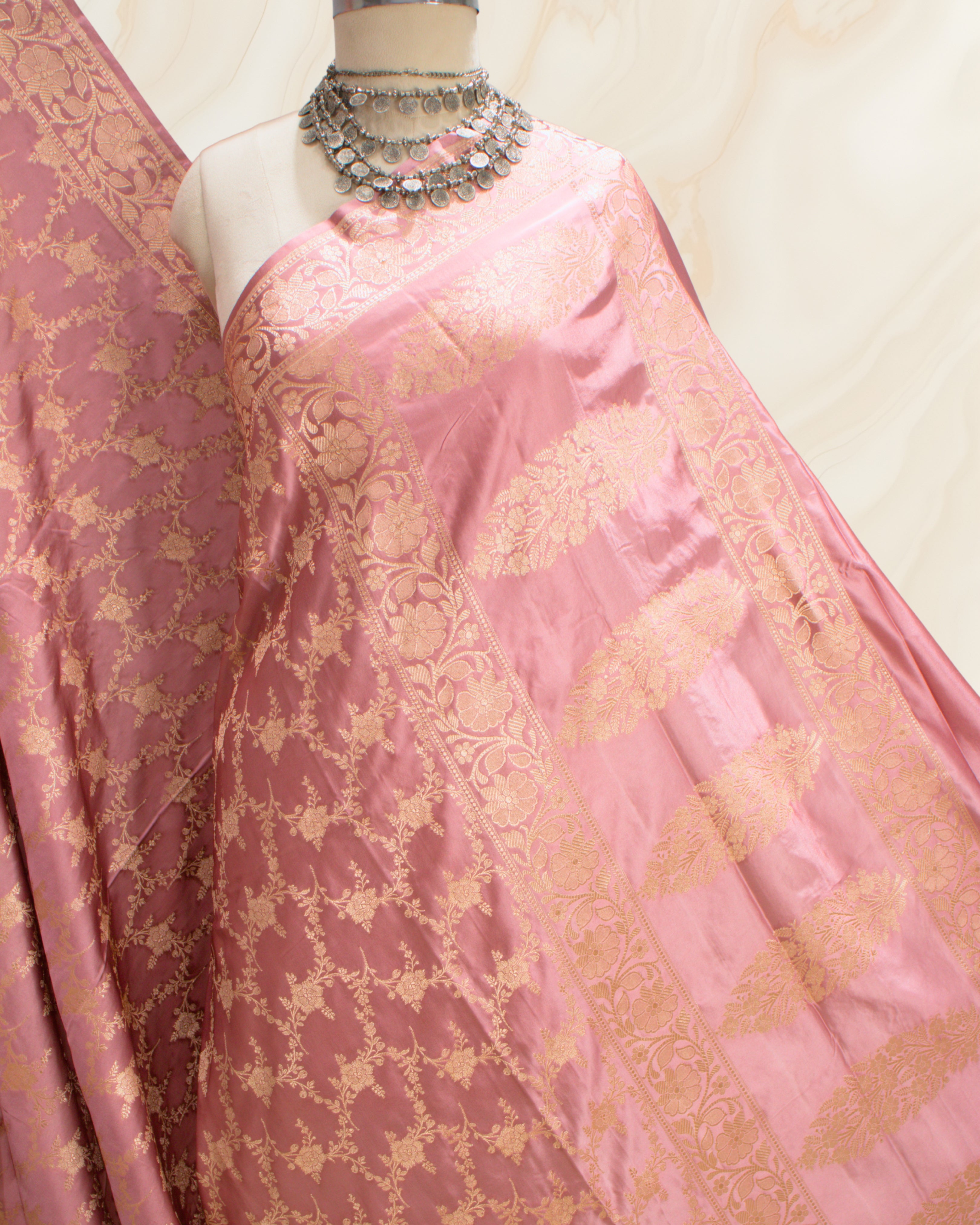Banarasi Pure Mashroo Silk With Golden Jari Jaal Design