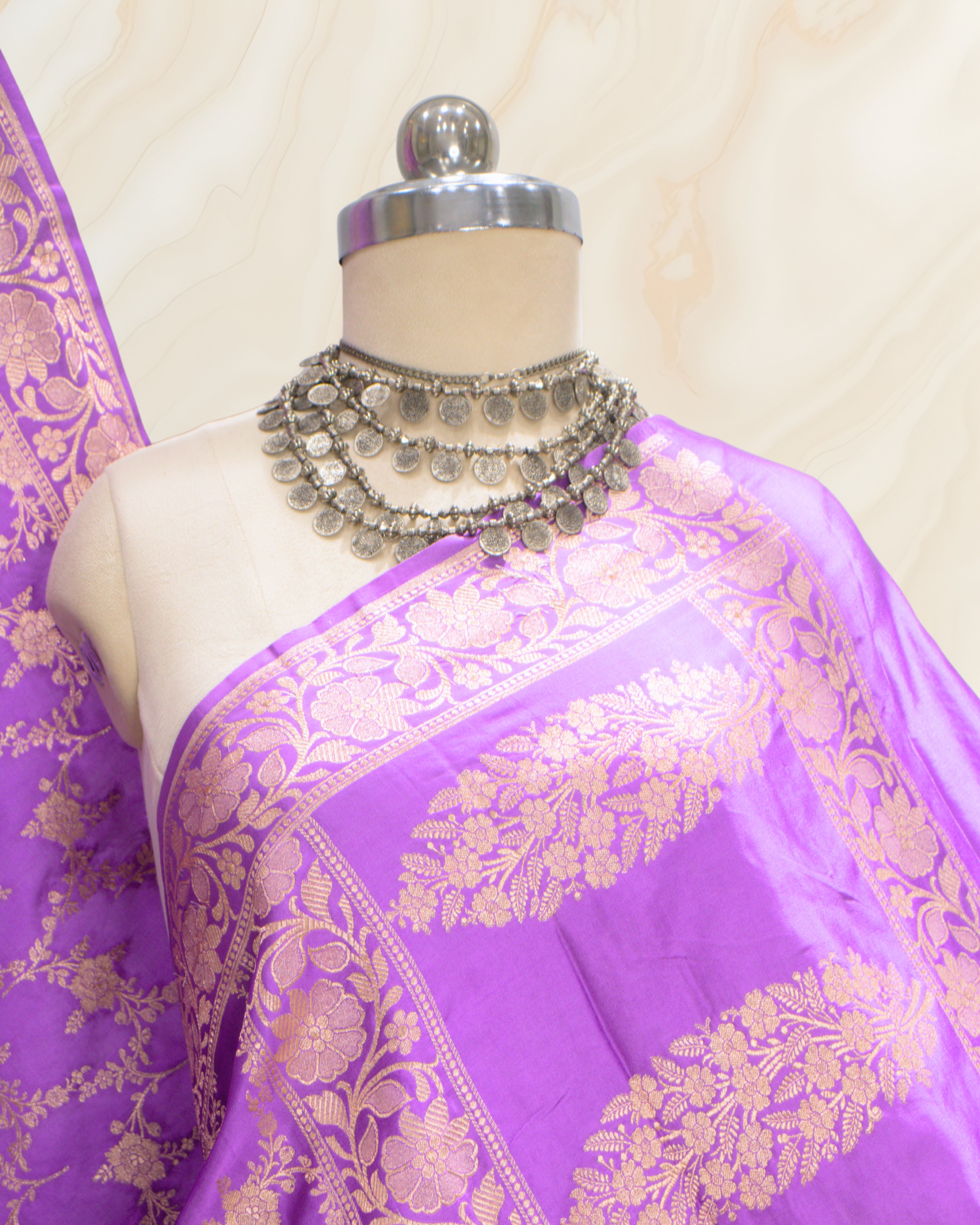 Banarasi Pure Mashroo Silk With Golden Jari Jaal Design
