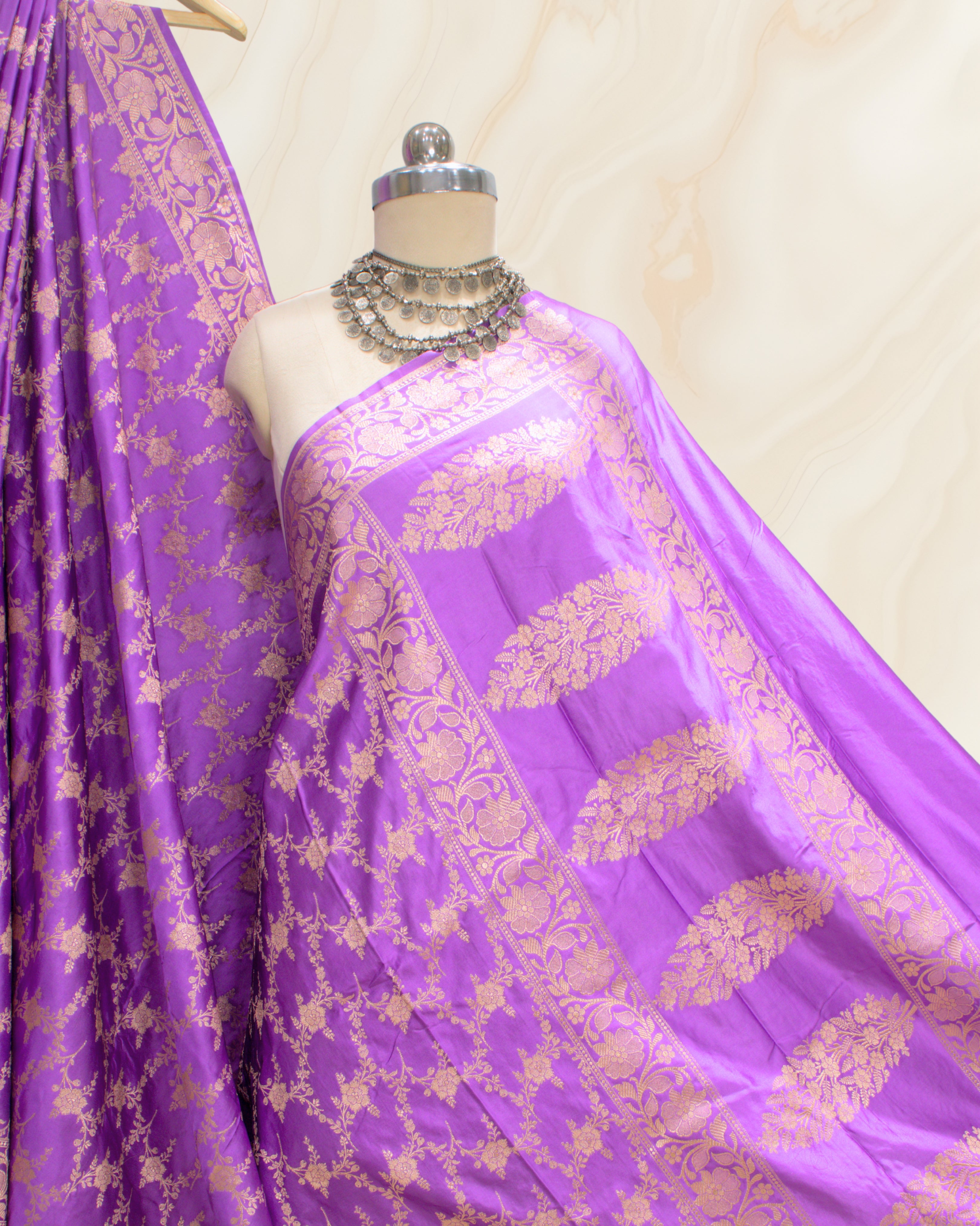 Banarasi Pure Mashroo Silk With Golden Jari Jaal Design
