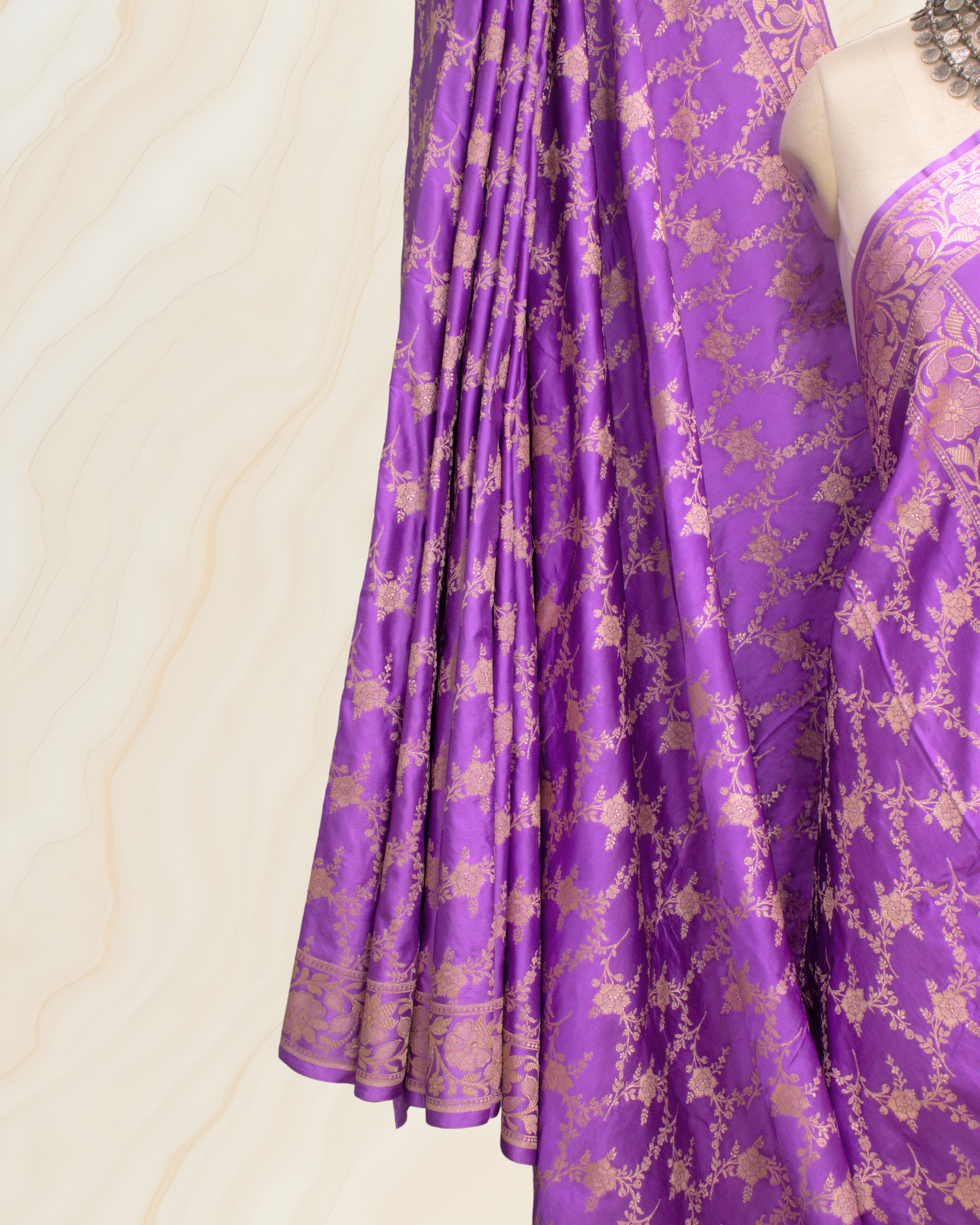 Banarasi Pure Mashroo Silk With Golden Jari Jaal Design