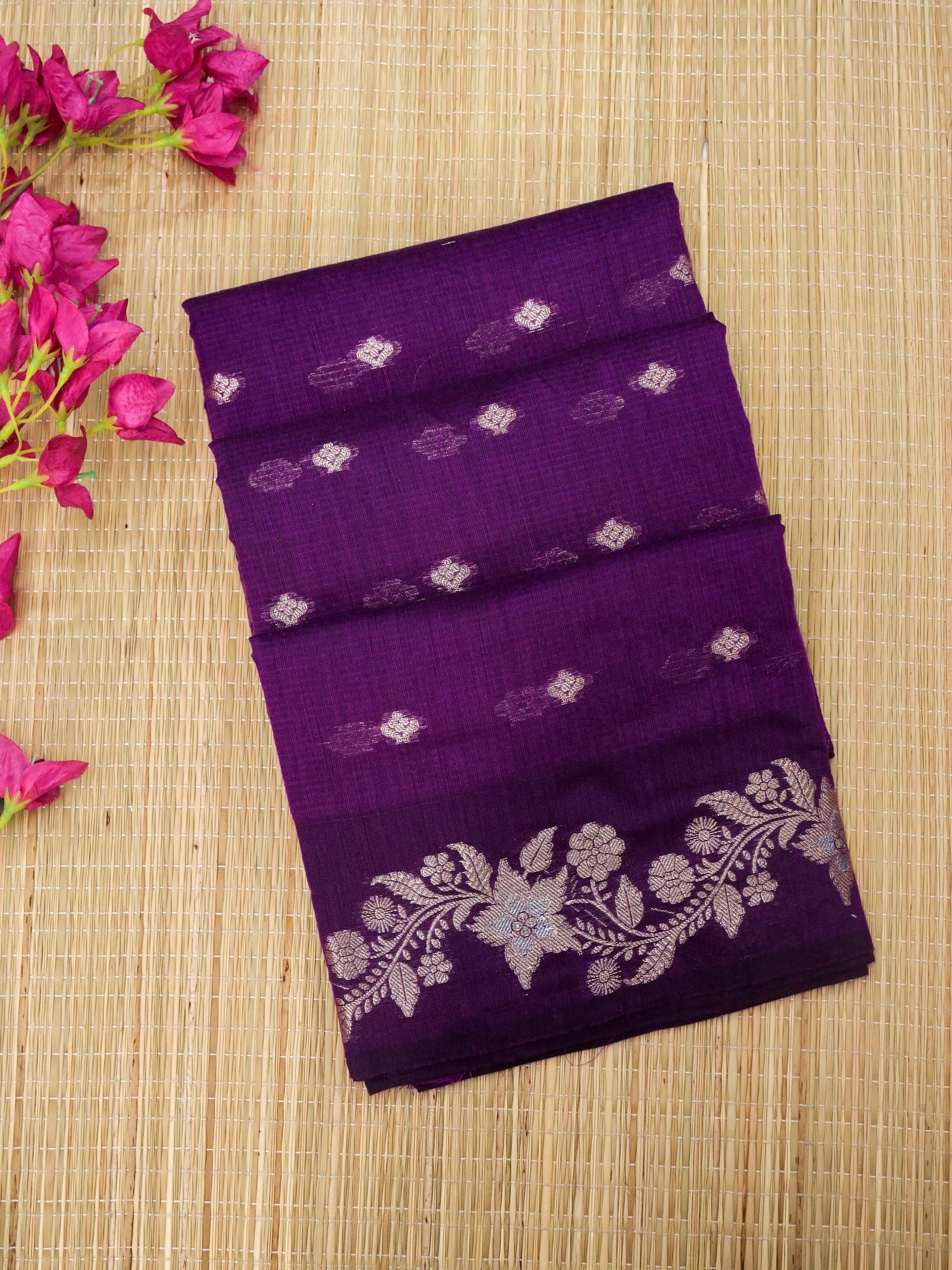Banarasi Mangalgiri cotton silk allover jari buti with floral lahariya jari Meena border rich pallu with jacquard Blouse