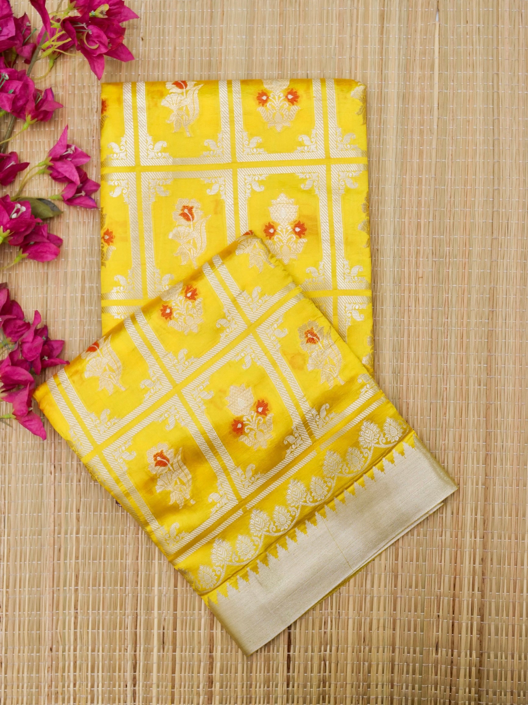 Banarasi pure raw mango silk allover jari box design with Meena With contrast blouse