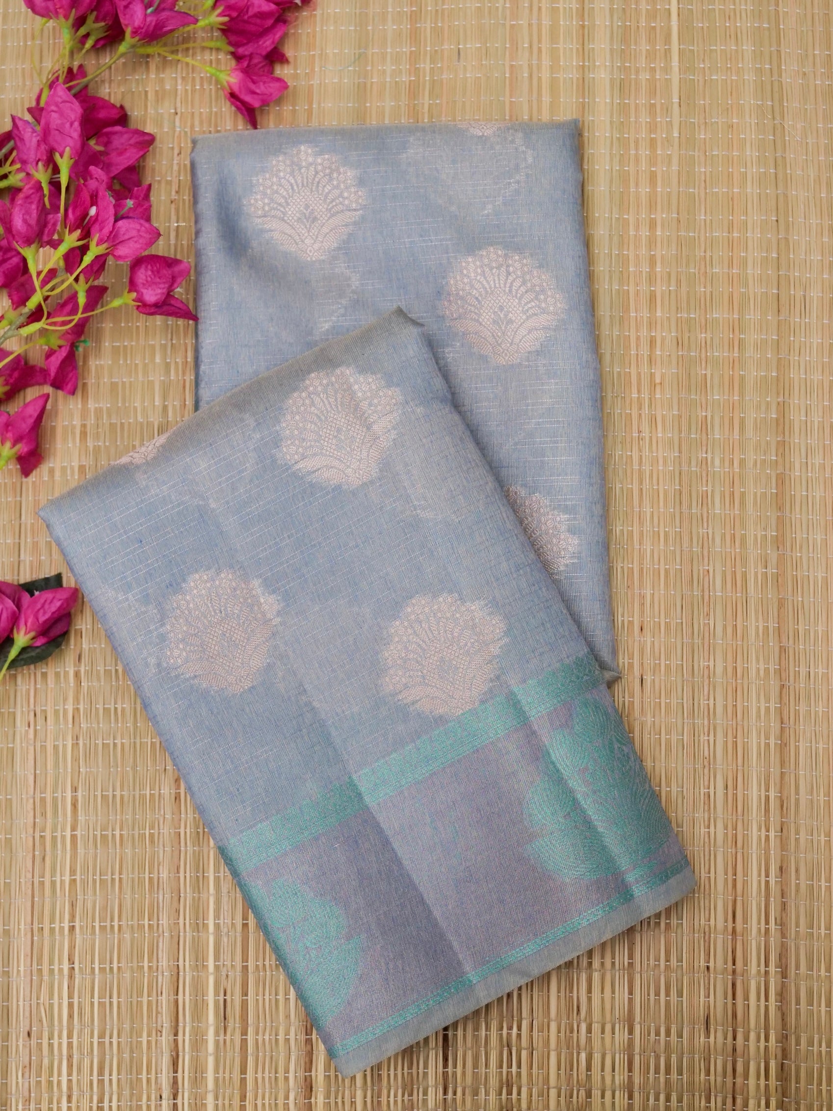 Cotton moti silk zari linning with tissue jari buta border with rich pallu and jacquard Blouse