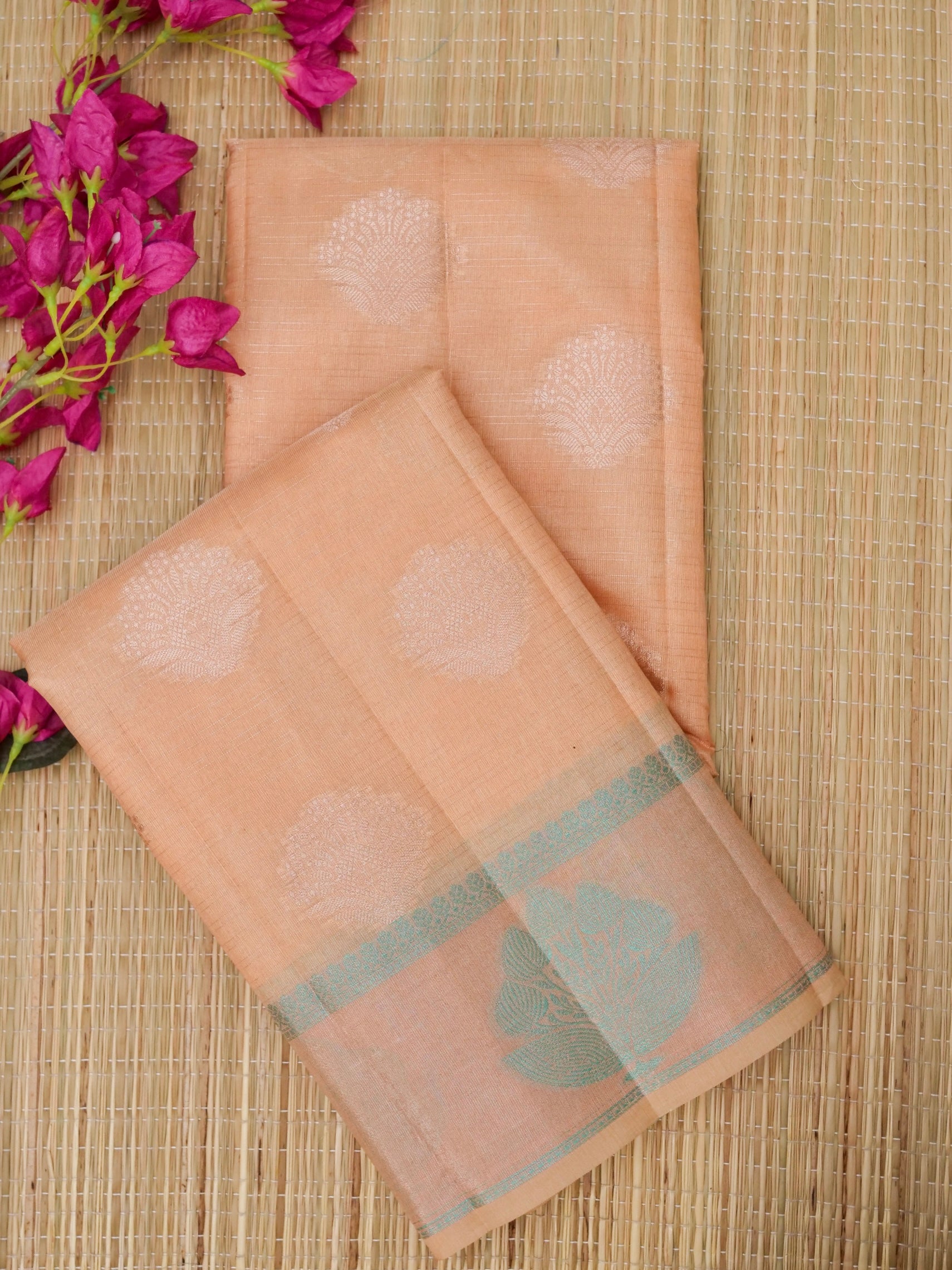 Cotton moti silk zari linning with tissue jari buta border with rich pallu and jacquard Blouse