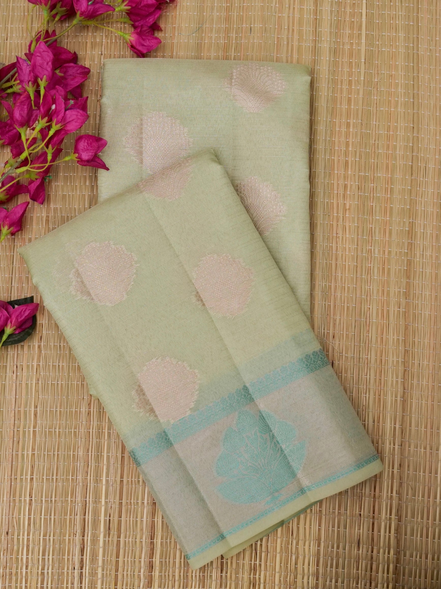 Cotton moti silk zari linning with tissue jari buta border with rich pallu and jacquard Blouse