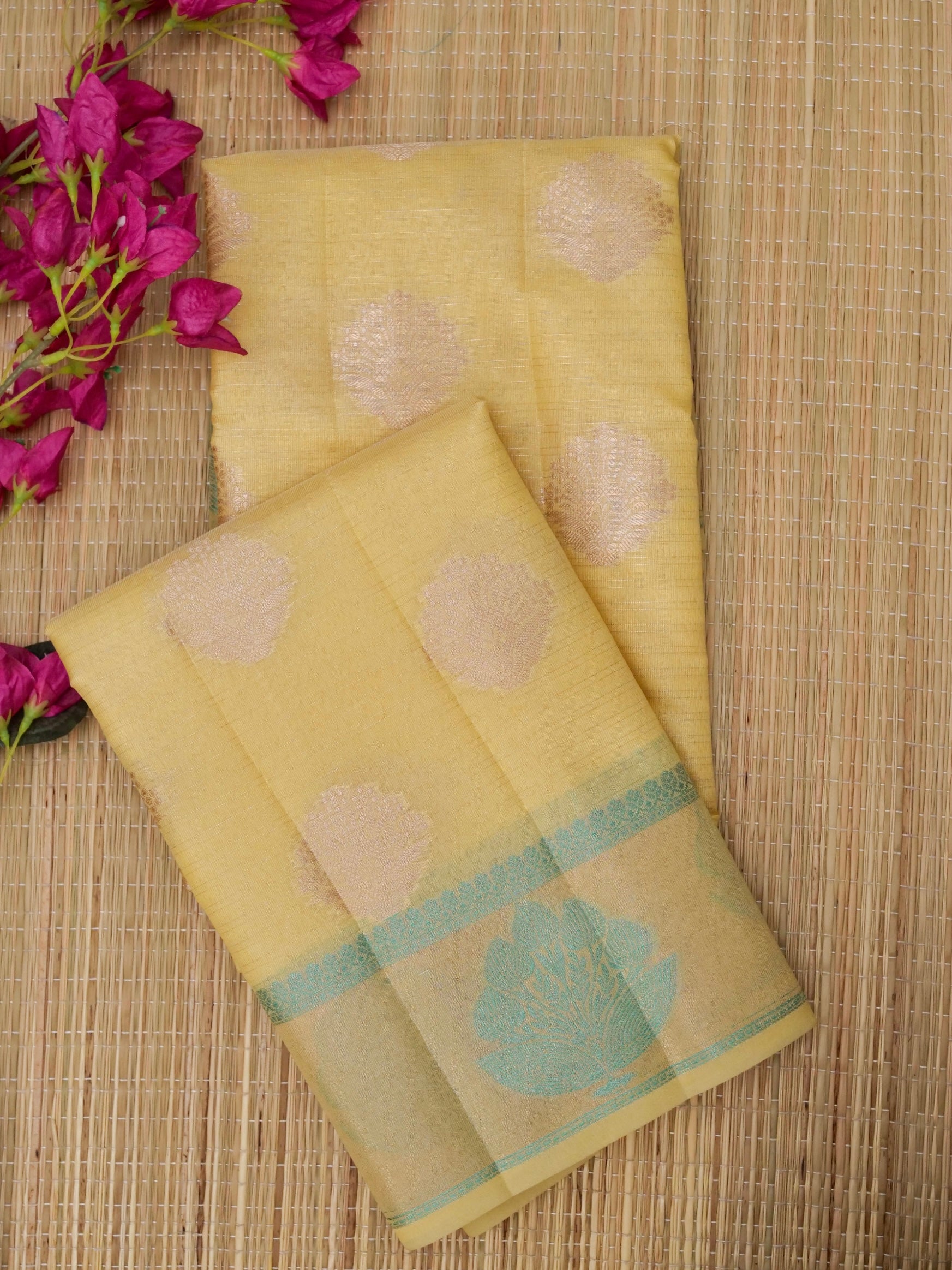 Cotton moti silk zari linning with tissue jari buta border with rich pallu and jacquard Blouse