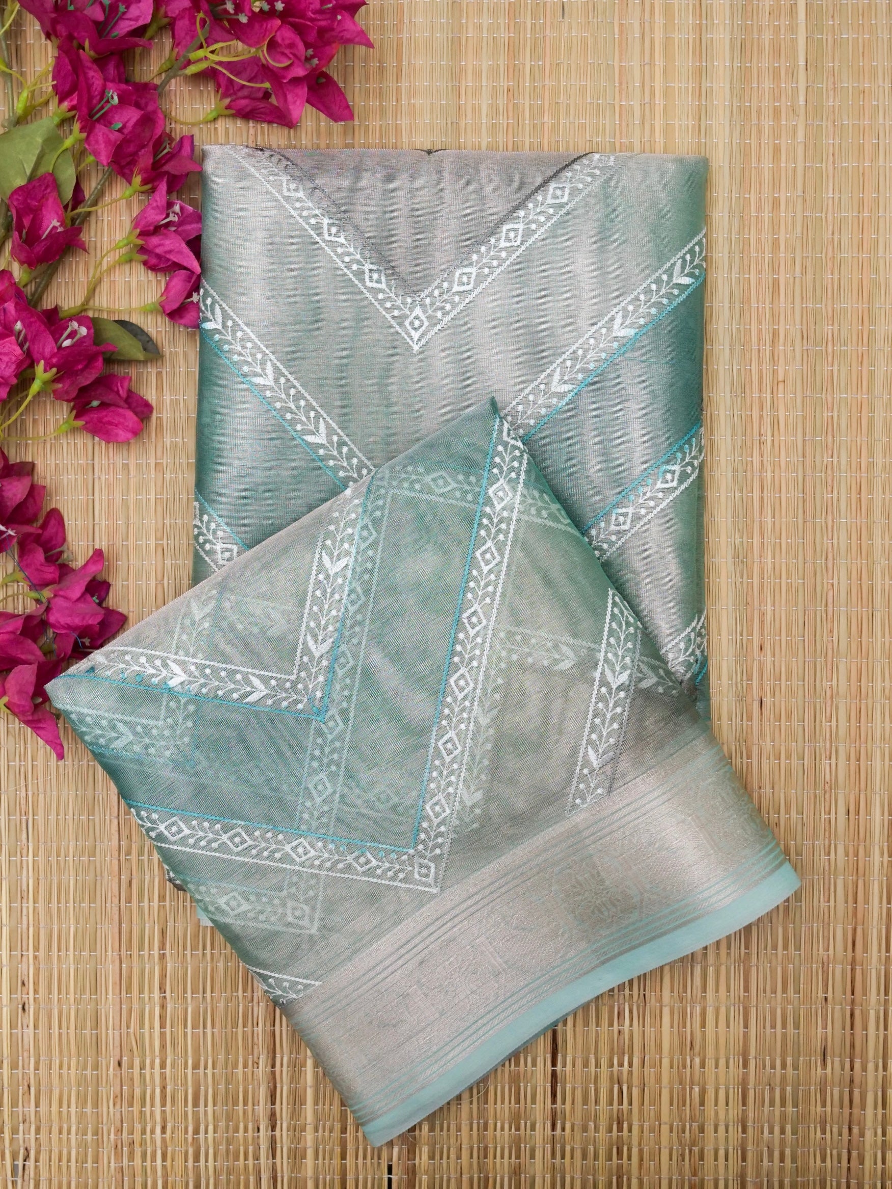 Banarasi tissue silk allover computer embroidery with rangkaat with blouse