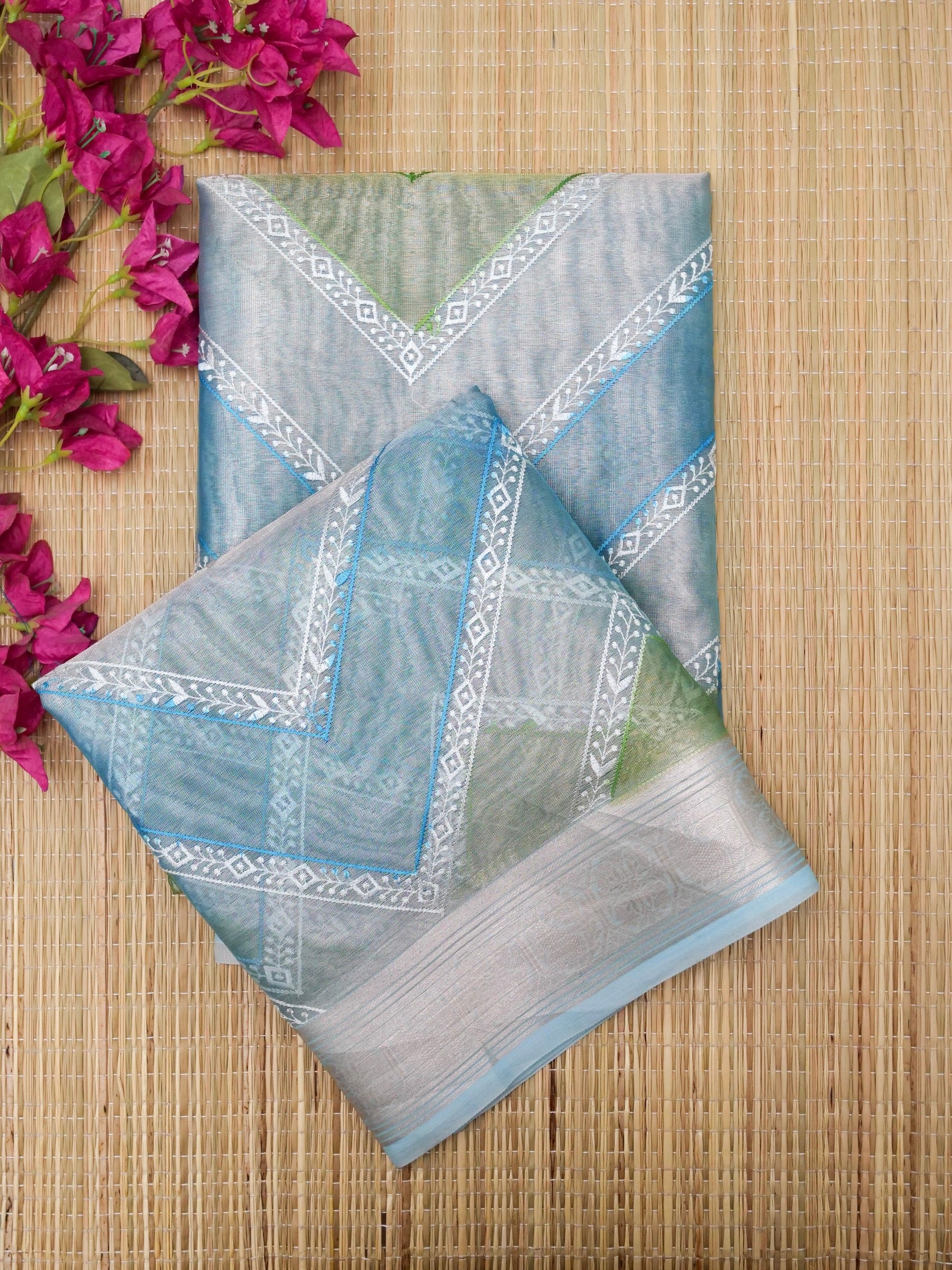 Banarasi tissue silk allover computer embroidery with rangkaat with blouse