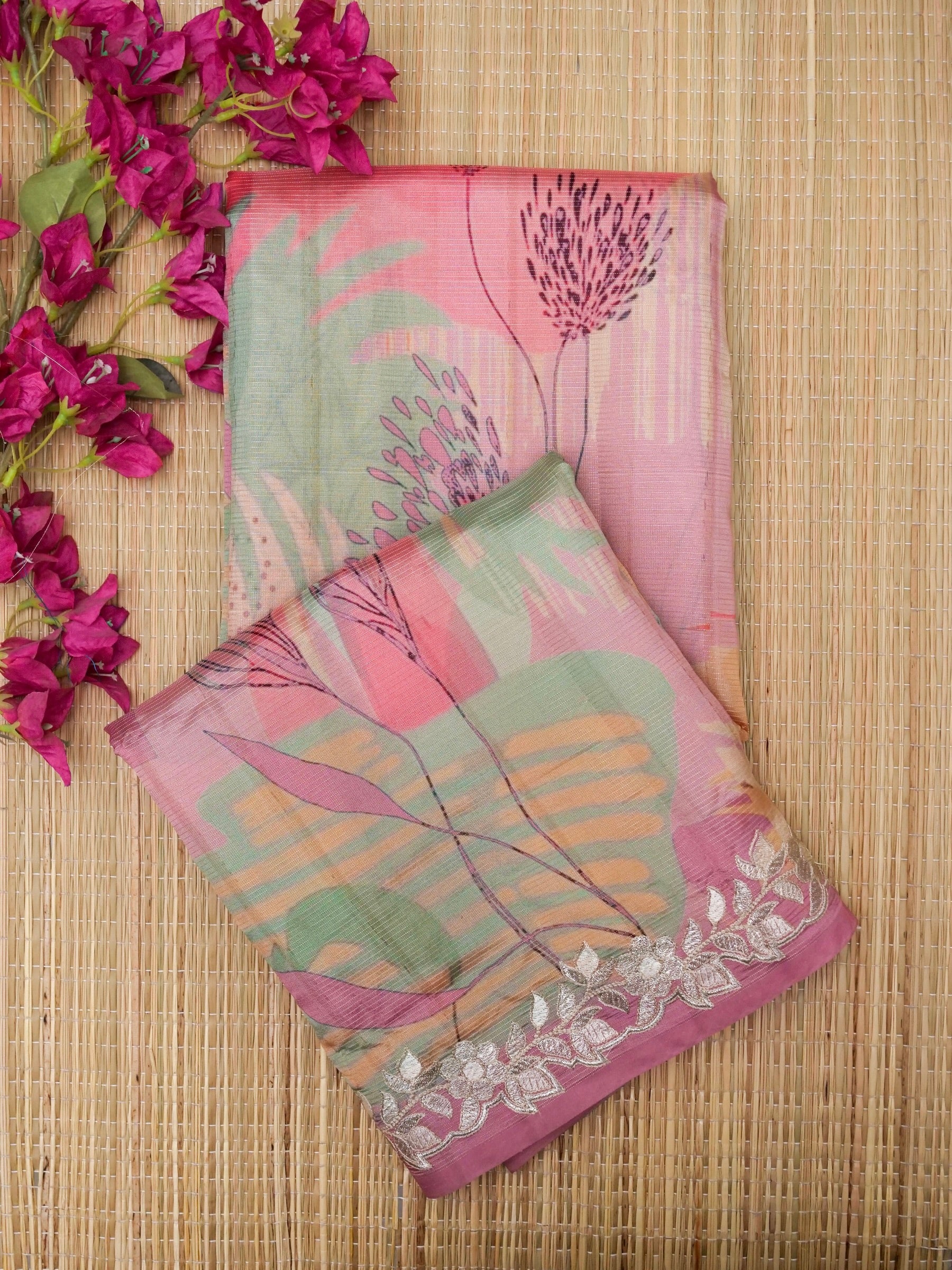 Banarasi tassar silk zari linning allover digital print fancy embroidery border with fancy zari Chek printed Blouse