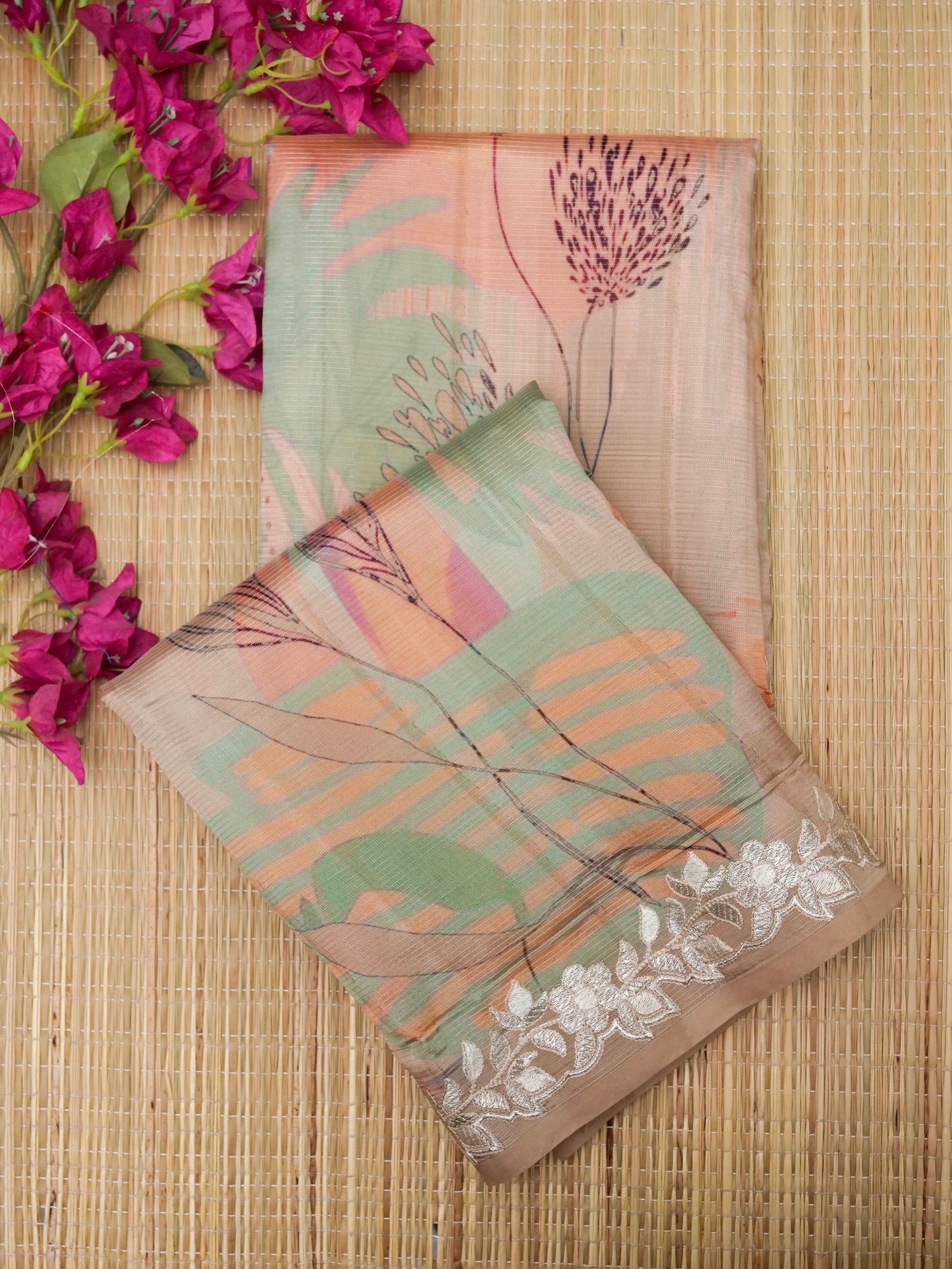 Banarasi tassar silk zari linning allover digital print fancy embroidery border with fancy zari Chek printed Blouse