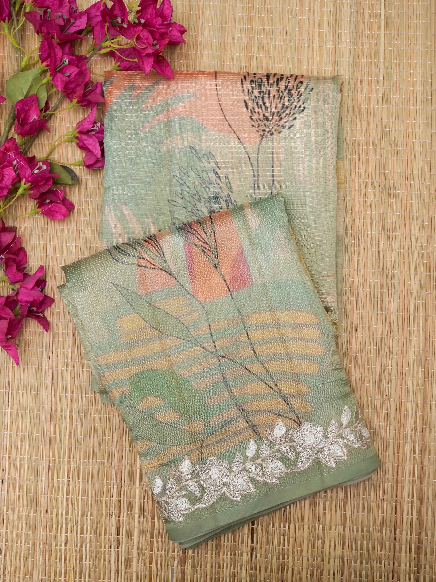 Banarasi tassar silk zari linning allover digital print fancy embroidery border with fancy zari Chek printed Blouse