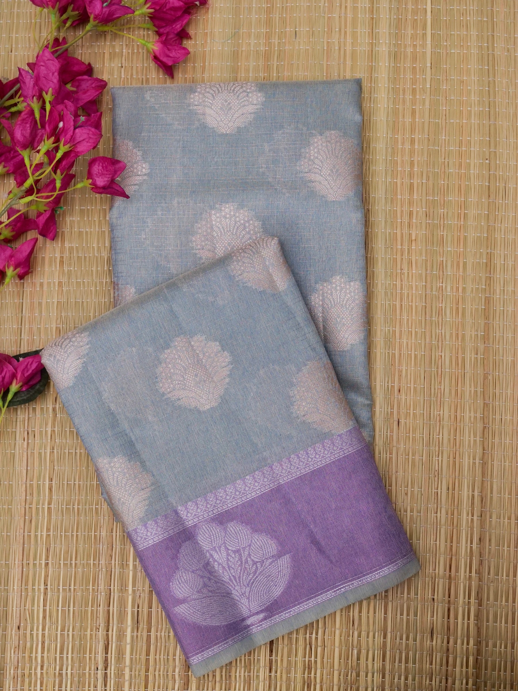 Cotton moti silk zari linning with tissue jari buta border with rich pallu and jacquard Blouse