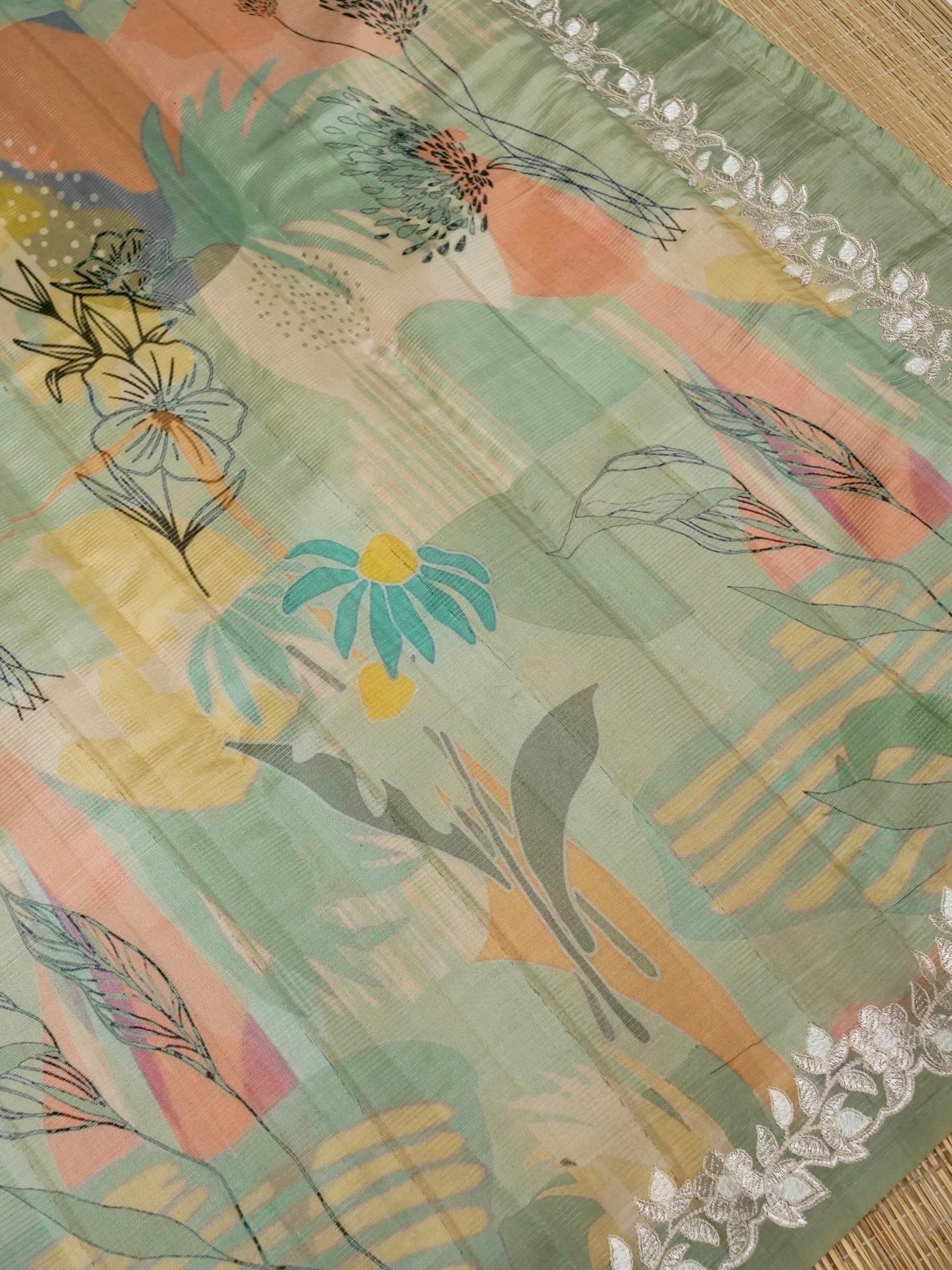 Banarasi tassar silk zari linning allover digital print fancy embroidery border with fancy zari Chek printed Blouse