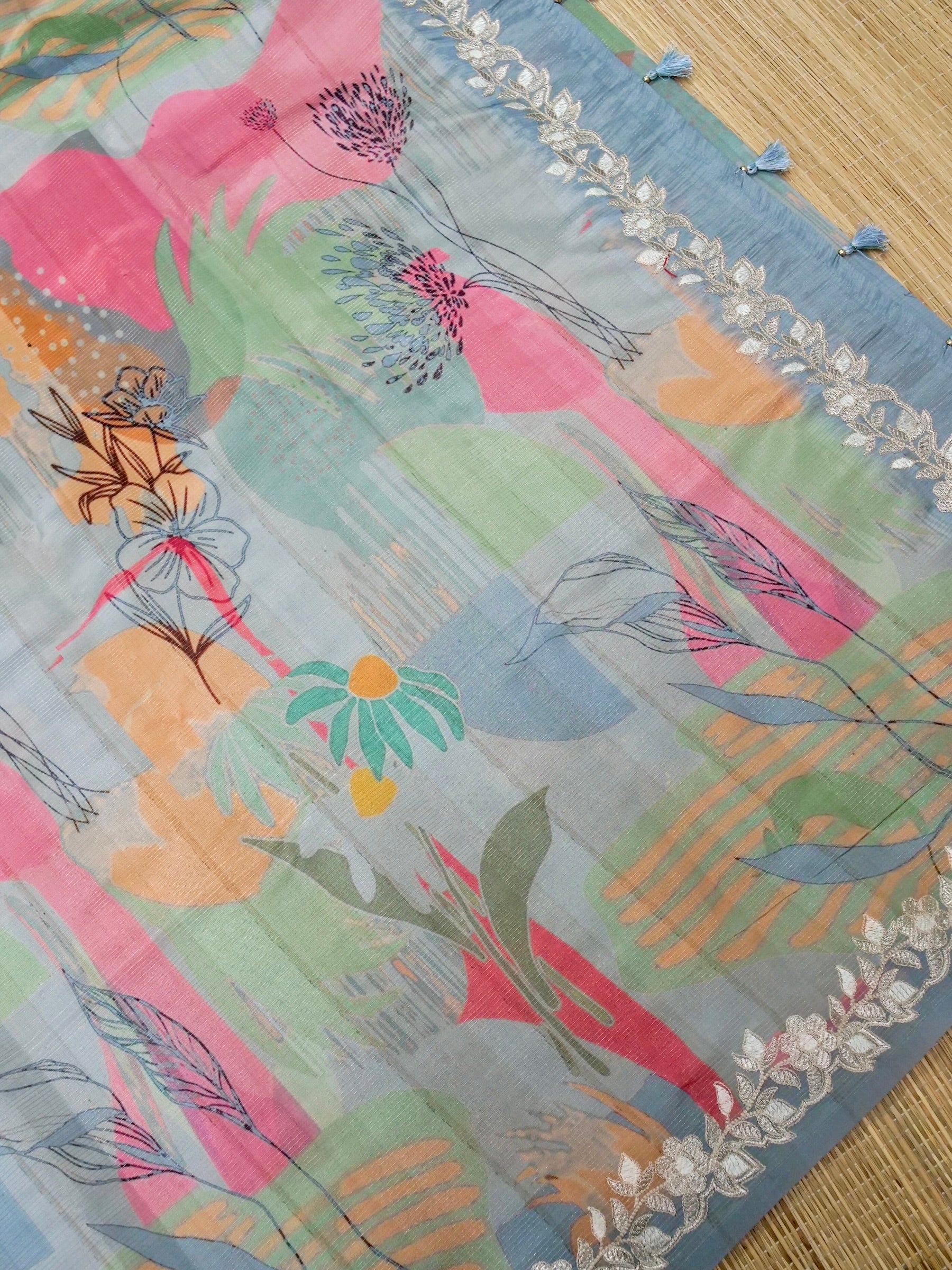 Banarasi tassar silk zari linning allover digital print fancy embroidery border with fancy zari Chek printed Blouse