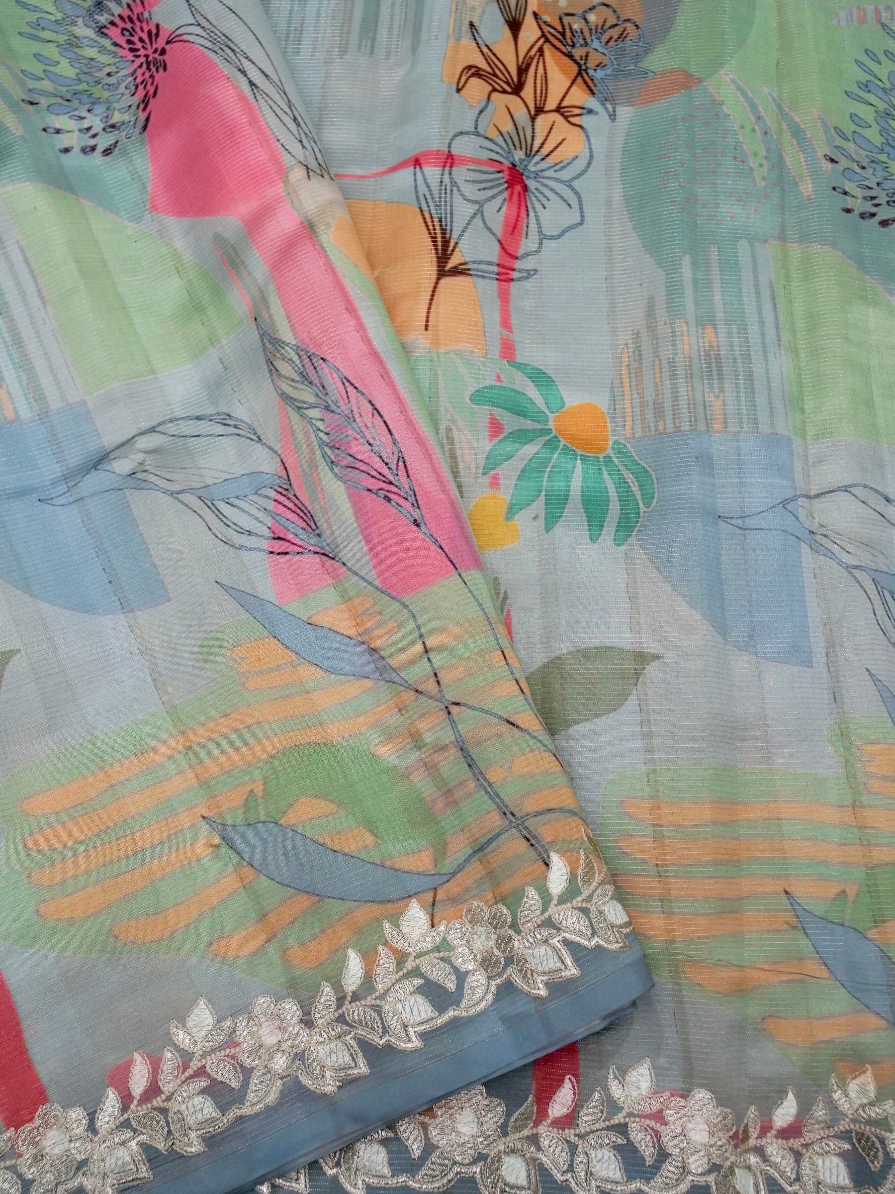 Banarasi tassar silk zari linning allover digital print fancy embroidery border with fancy zari Chek printed Blouse