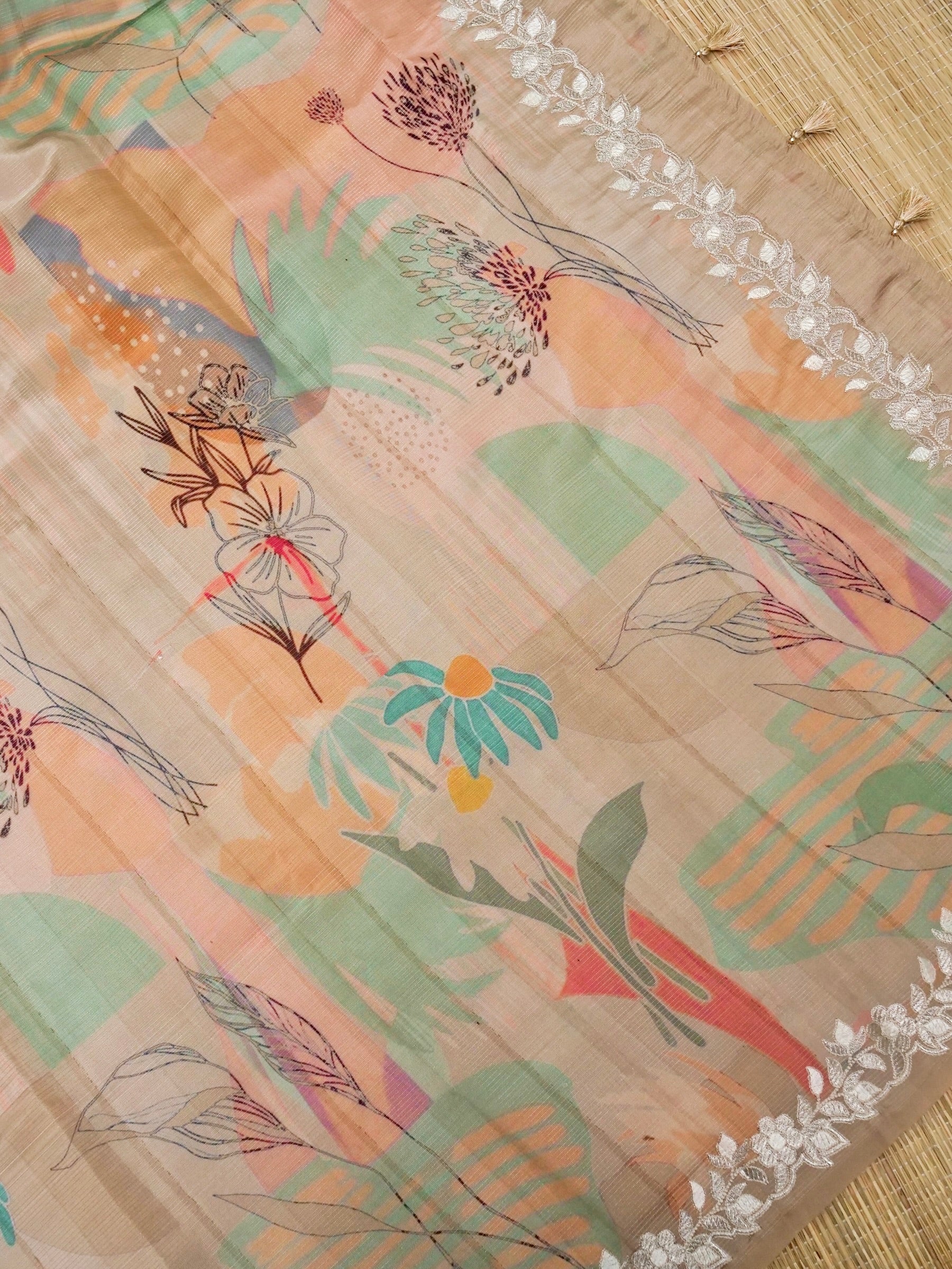 Banarasi tassar silk zari linning allover digital print fancy embroidery border with fancy zari Chek printed Blouse