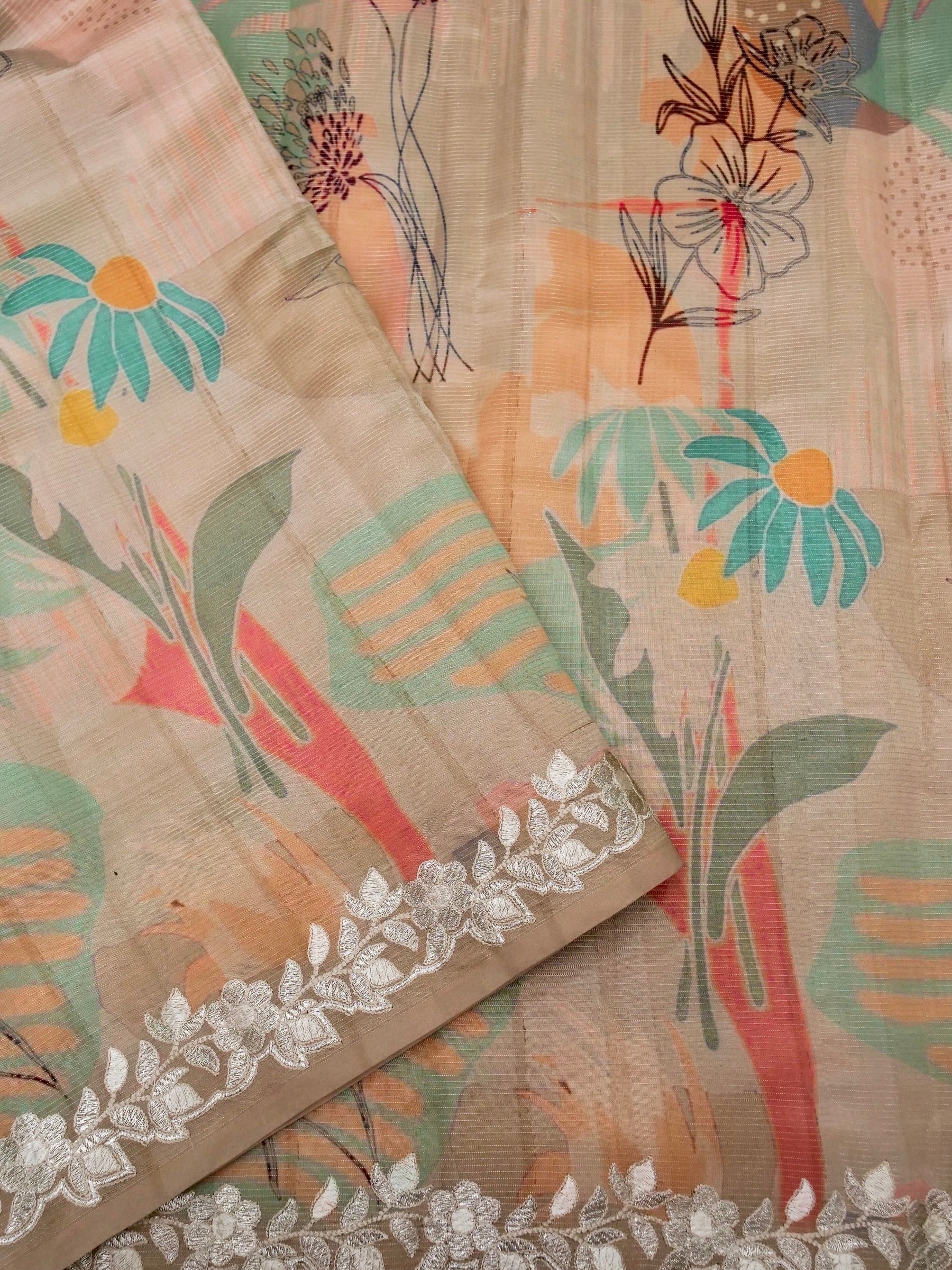 Banarasi tassar silk zari linning allover digital print fancy embroidery border with fancy zari Chek printed Blouse