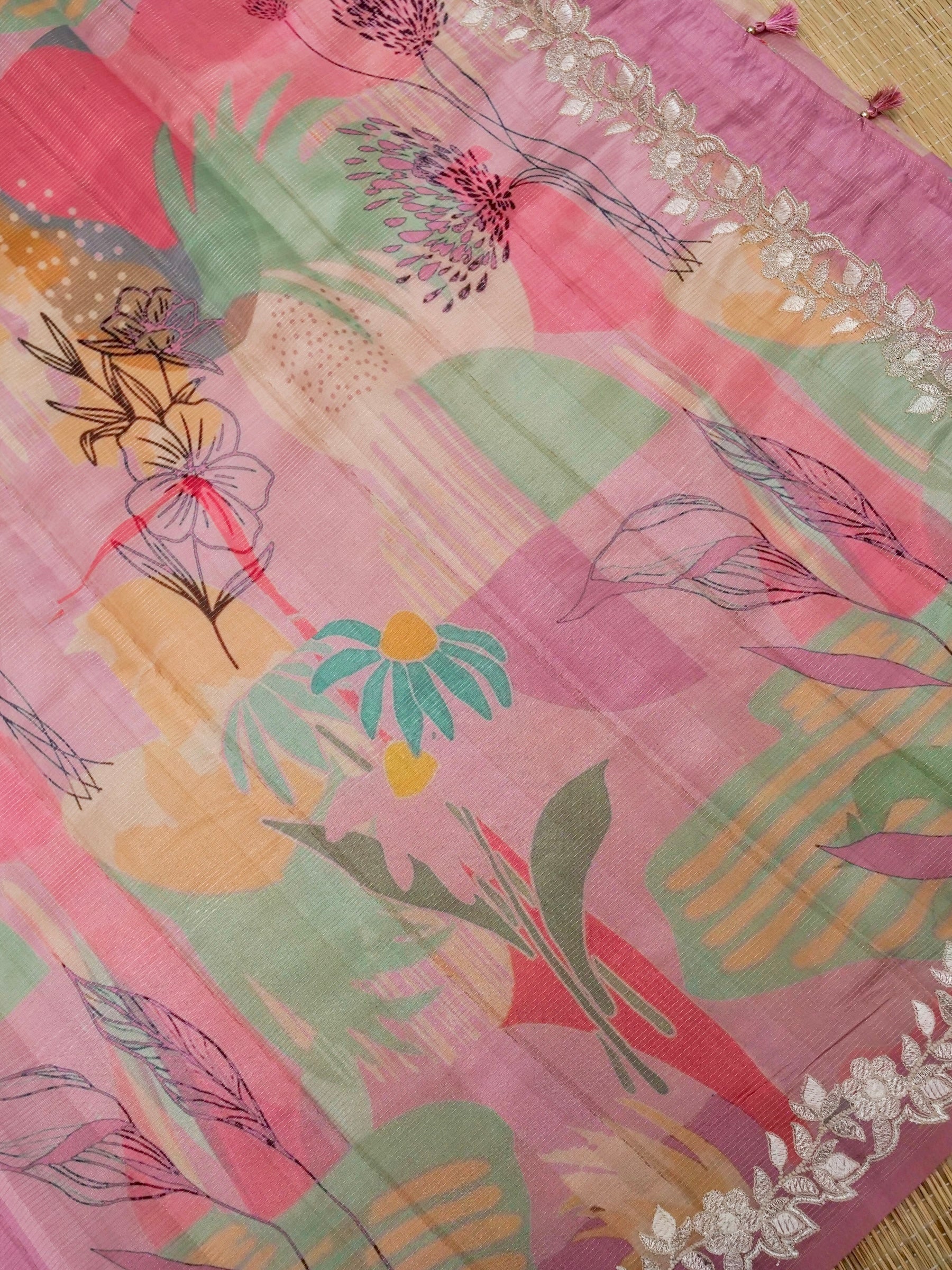 Banarasi tassar silk zari linning allover digital print fancy embroidery border with fancy zari Chek printed Blouse