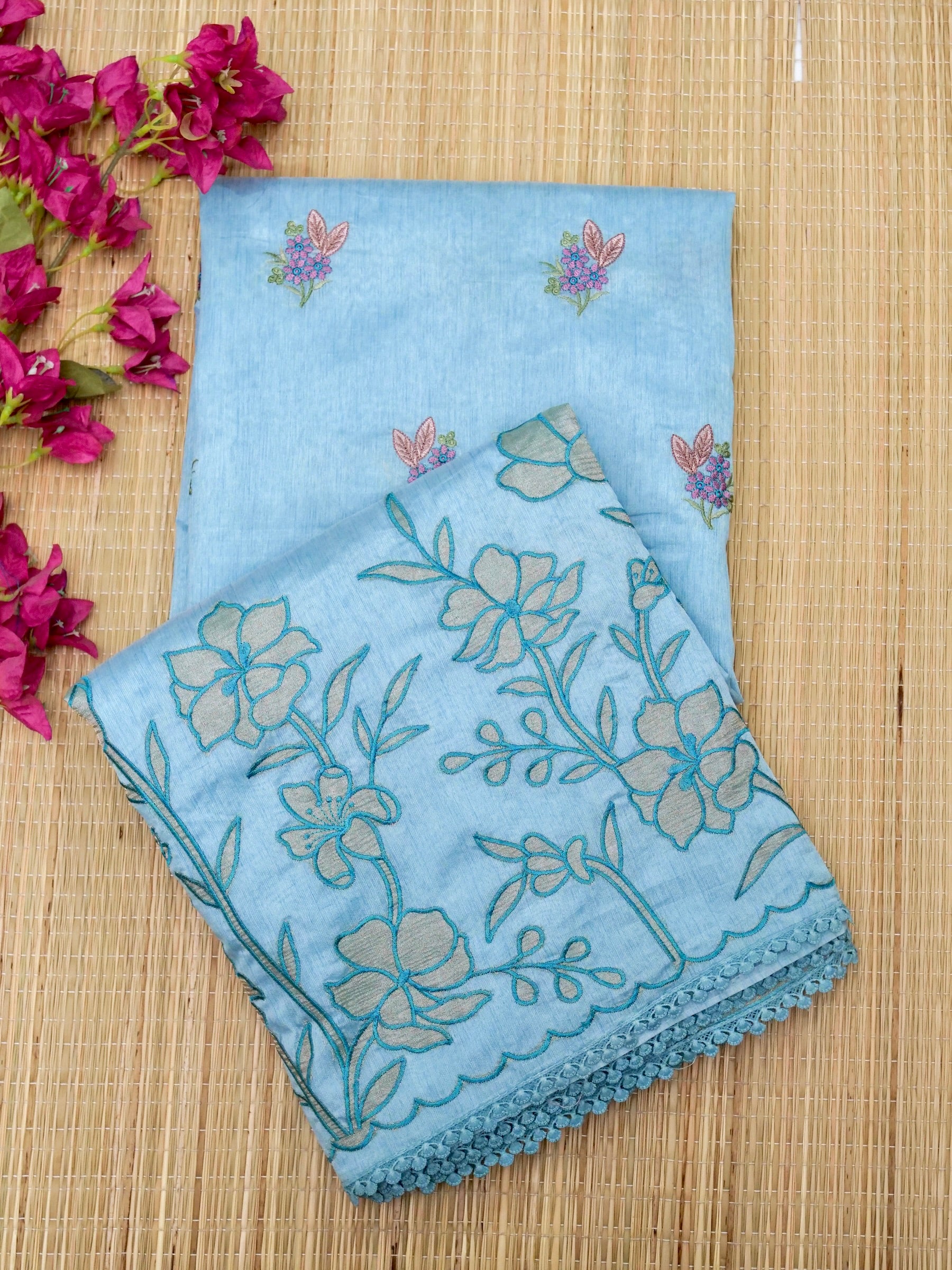 Banarasi cotton silk allover floral computer embroidery with skurt applic border attached jaquard blouse