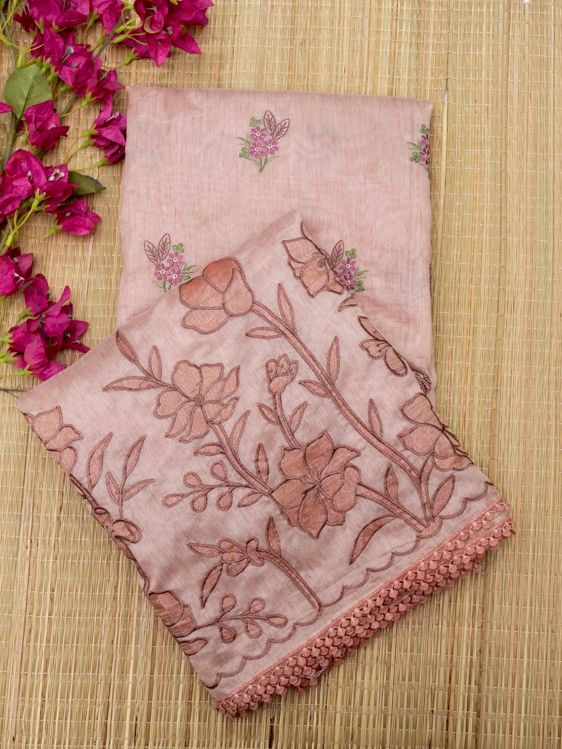 Banarasi cotton silk allover floral computer embroidery with skurt applic border attached jaquard blouse