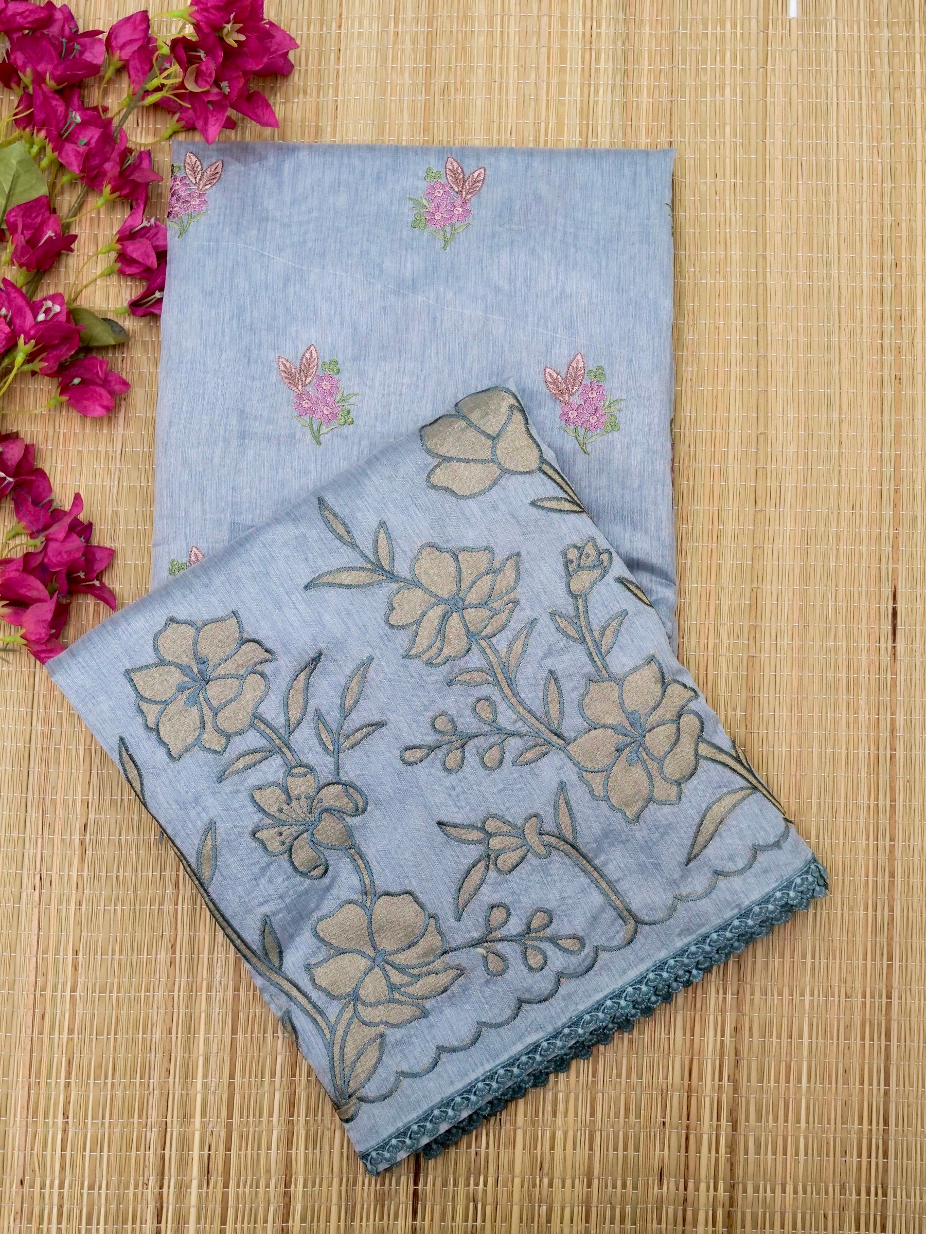 Banarasi cotton silk allover floral computer embroidery with skurt applic border attached jaquard blouse