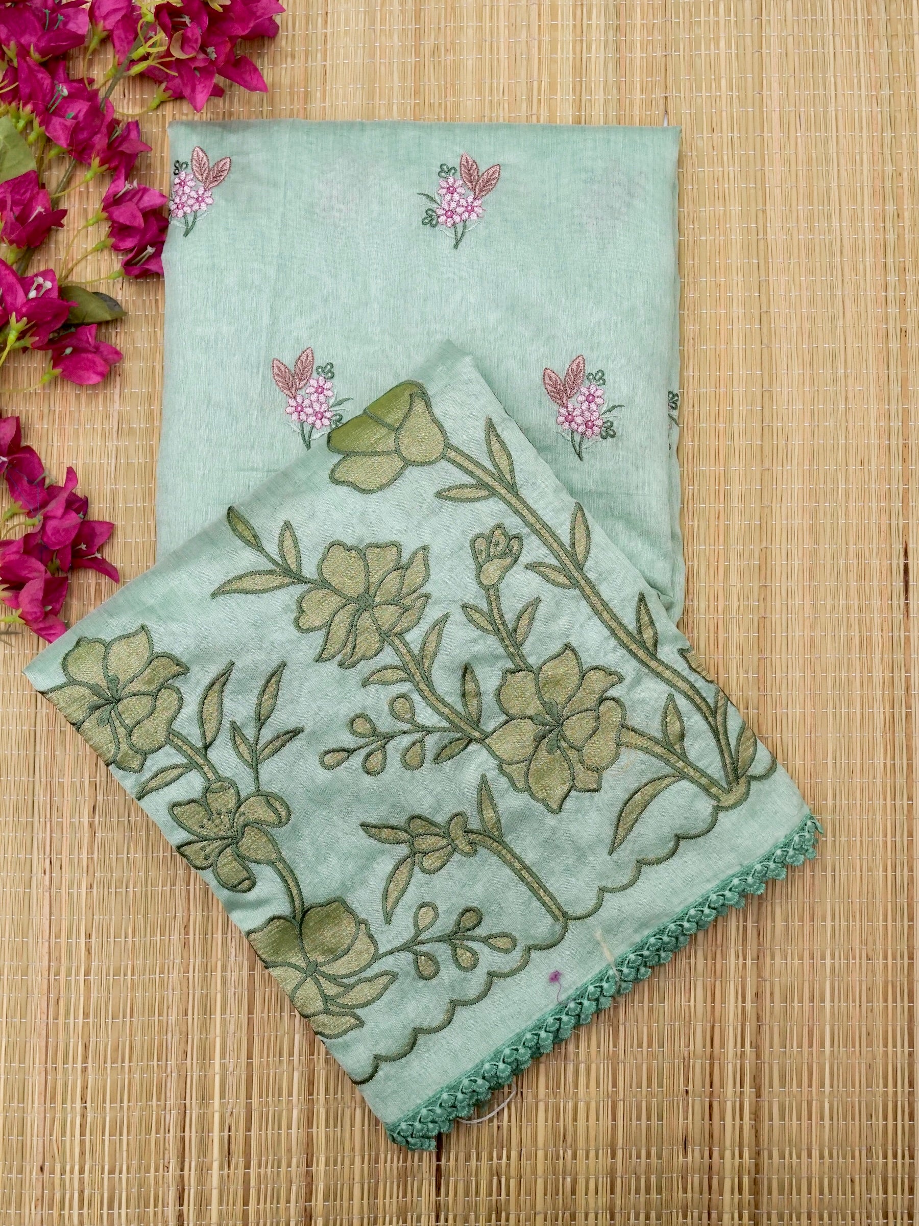 Banarasi cotton silk allover floral computer embroidery with skurt applic border attached jaquard blouse