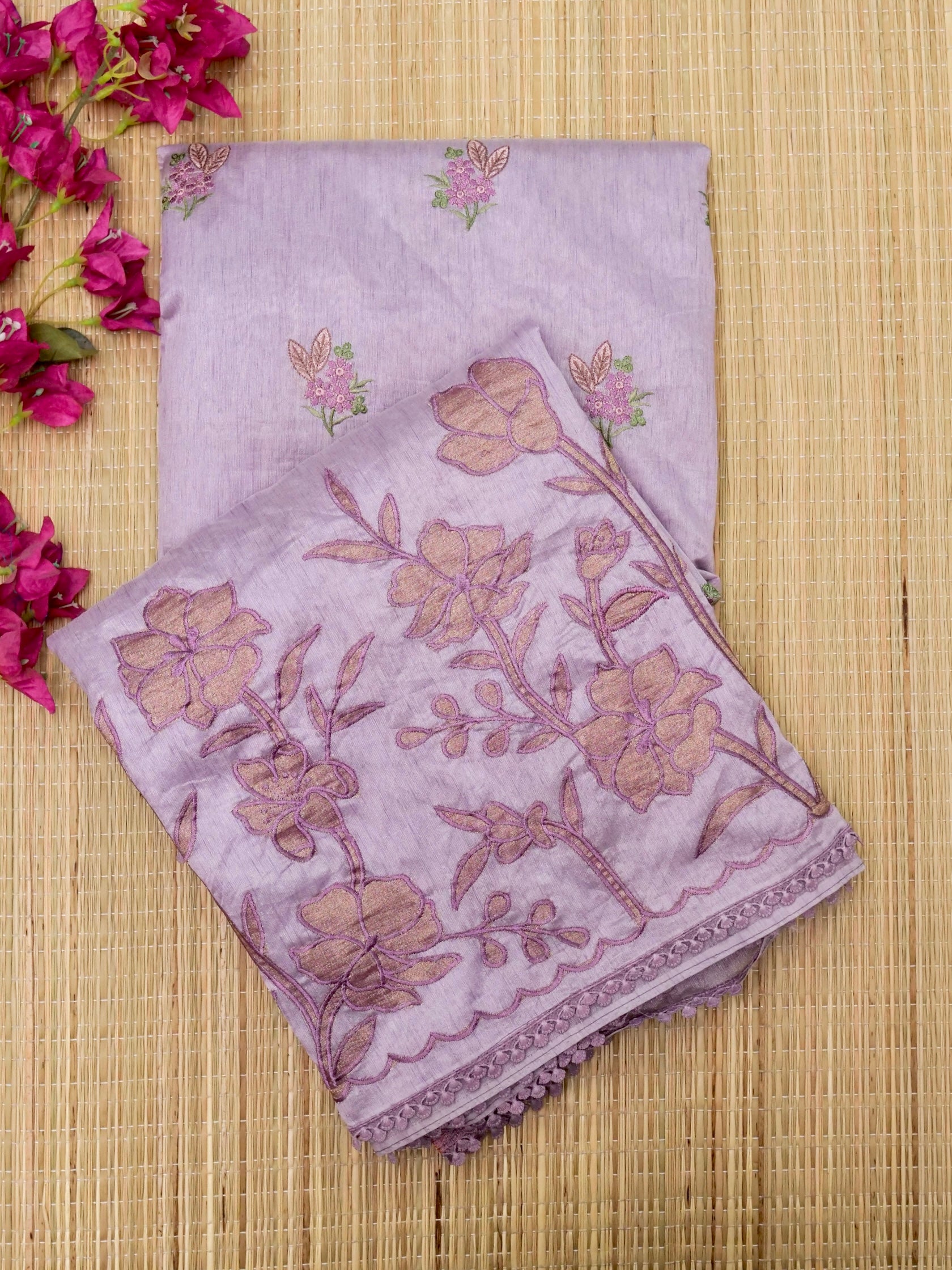 Banarasi cotton silk allover floral computer embroidery with skurt applic border attached jaquard blouse