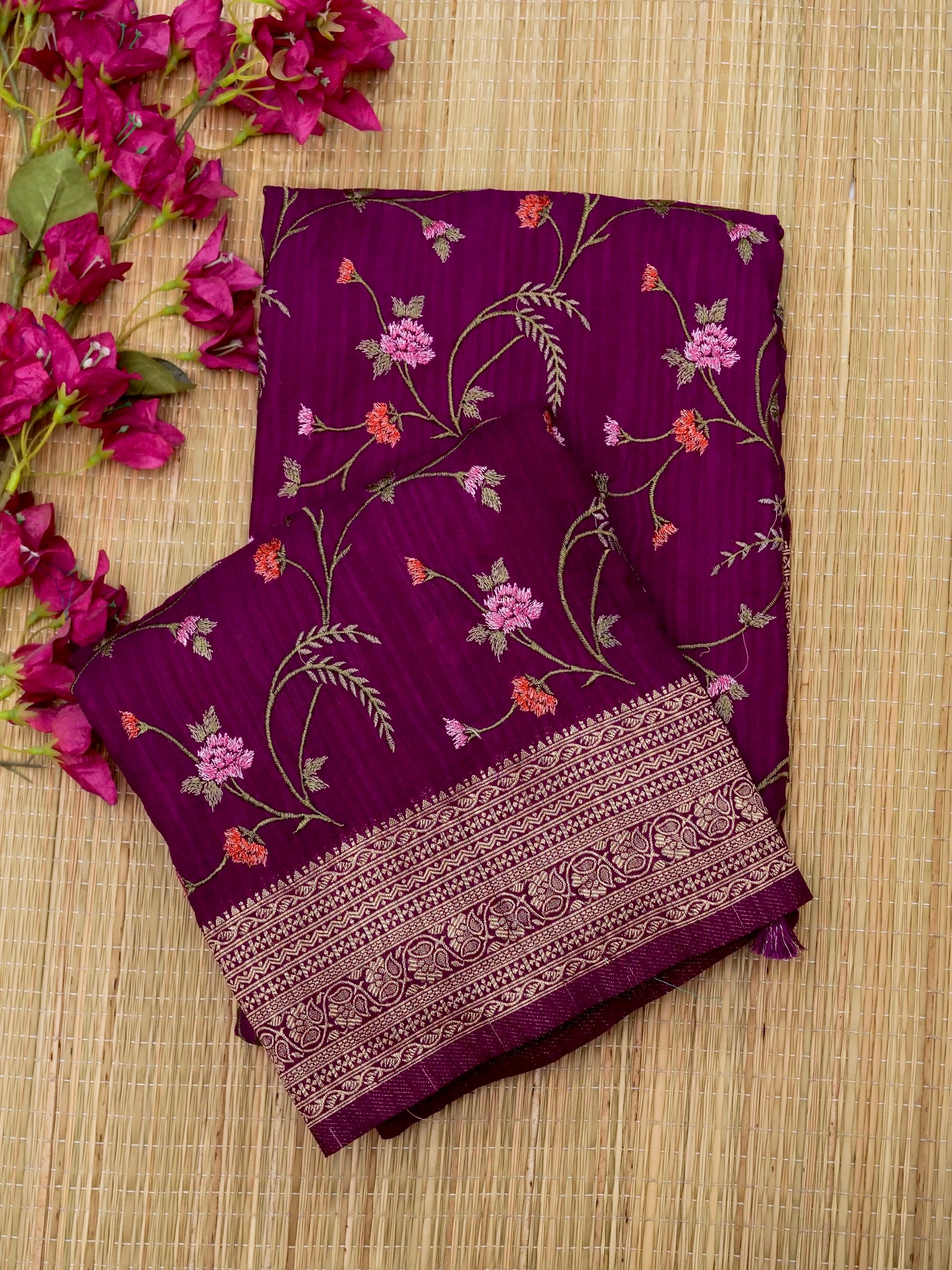 Banarasi Russian silk allover resham embroidery with Kanchi border and rich pallu attached jari buti Blouse