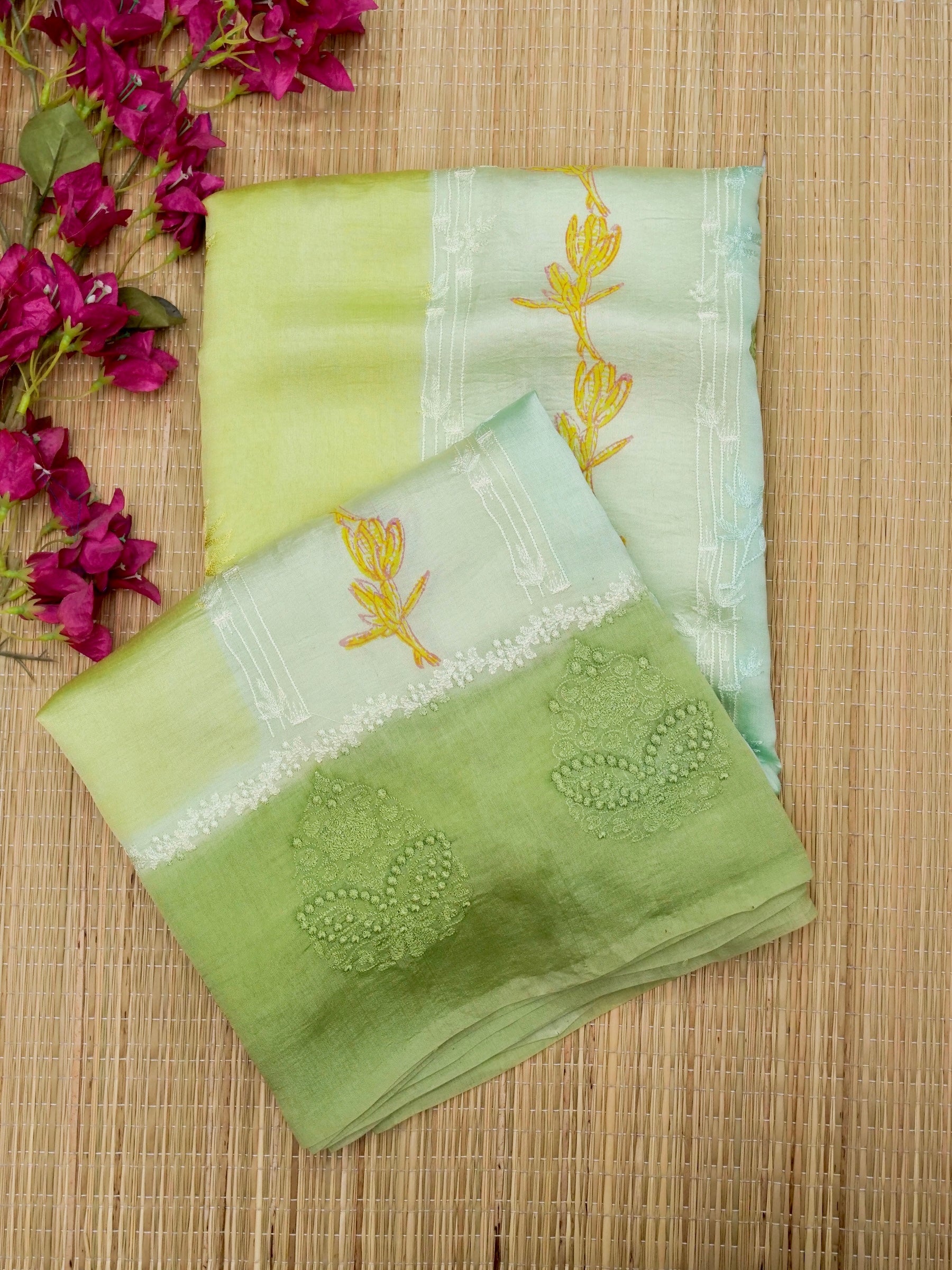 Banarasi pure raw mango silk allover computer embroidery and hand brushing with printed blouse