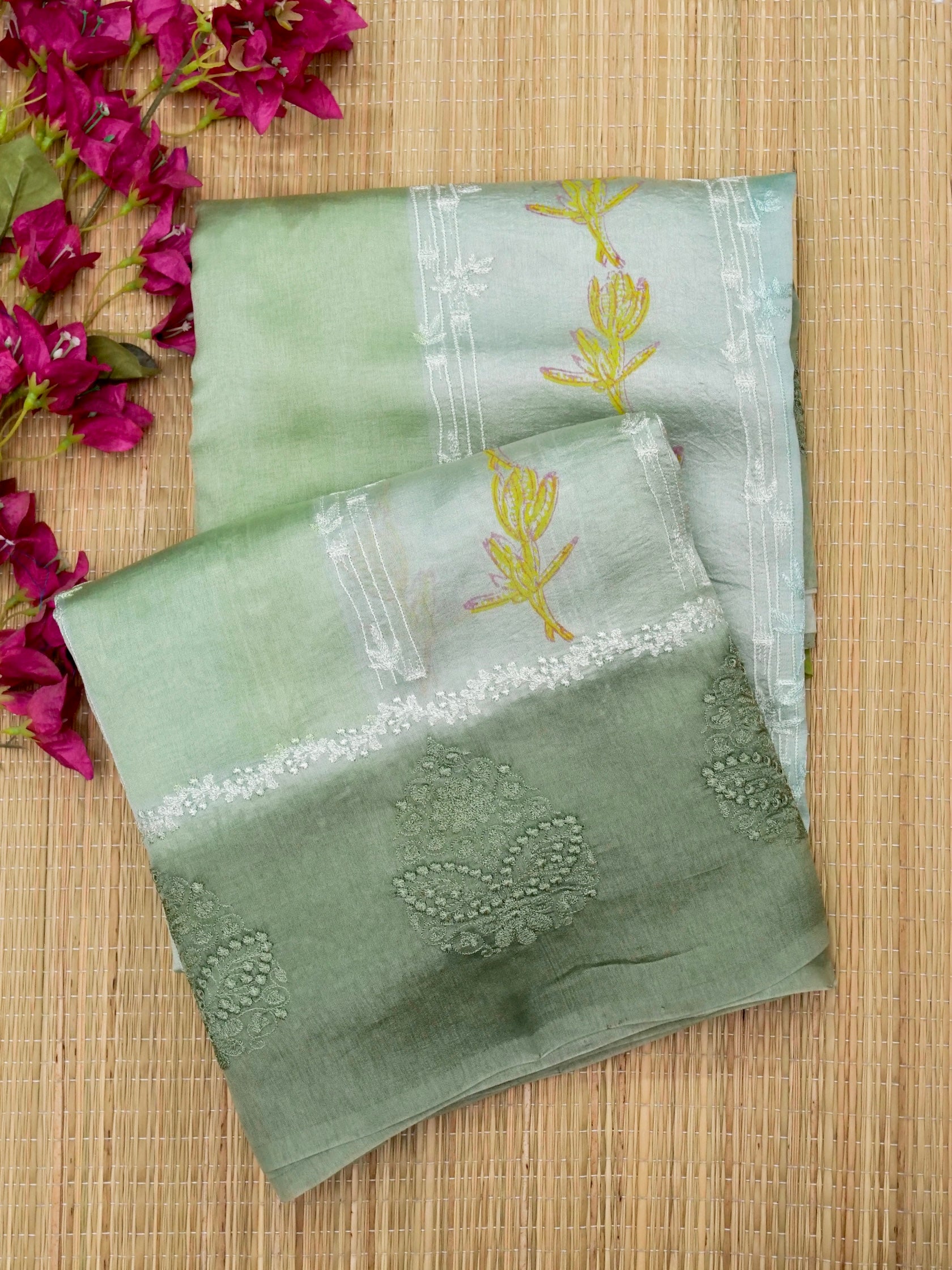 Banarasi pure raw mango silk allover computer embroidery and hand brushing with printed blouse