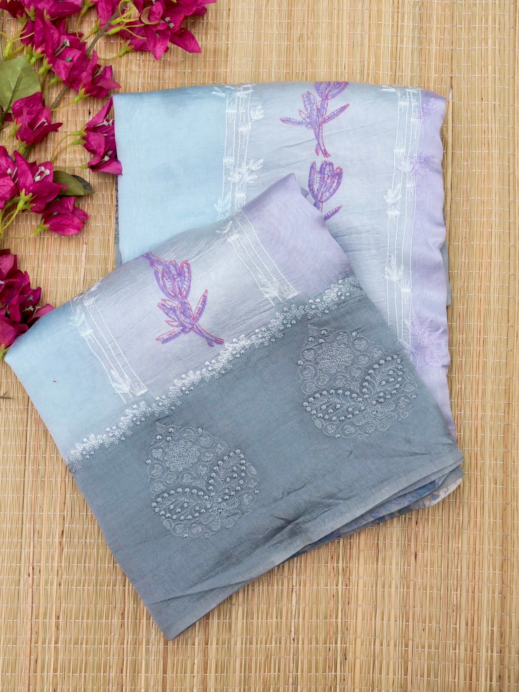 Banarasi pure raw mango silk allover computer embroidery and hand brushing with printed blouse