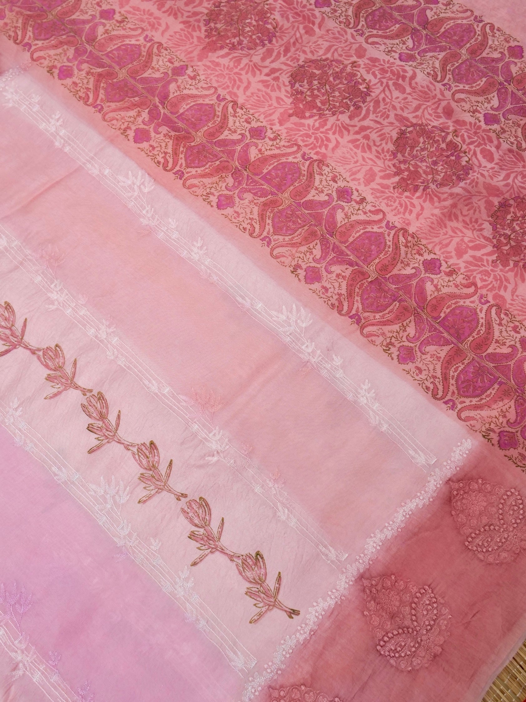 Banarasi pure raw mango silk allover computer embroidery and hand brushing with printed blouse