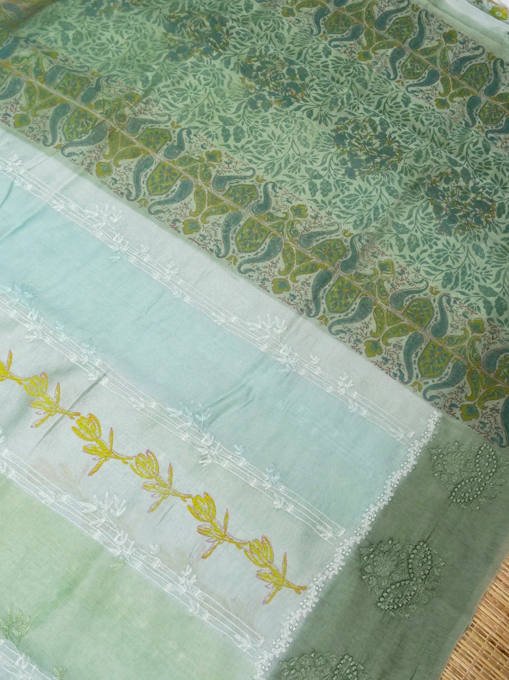Banarasi pure raw mango silk allover computer embroidery and hand brushing with printed blouse