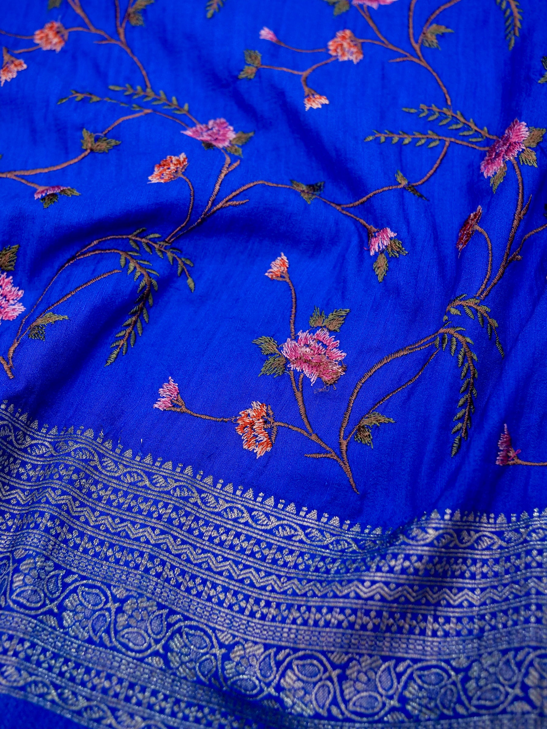Banarasi Russian silk allover resham embroidery with Kanchi border and rich pallu attached jari buti Blouse