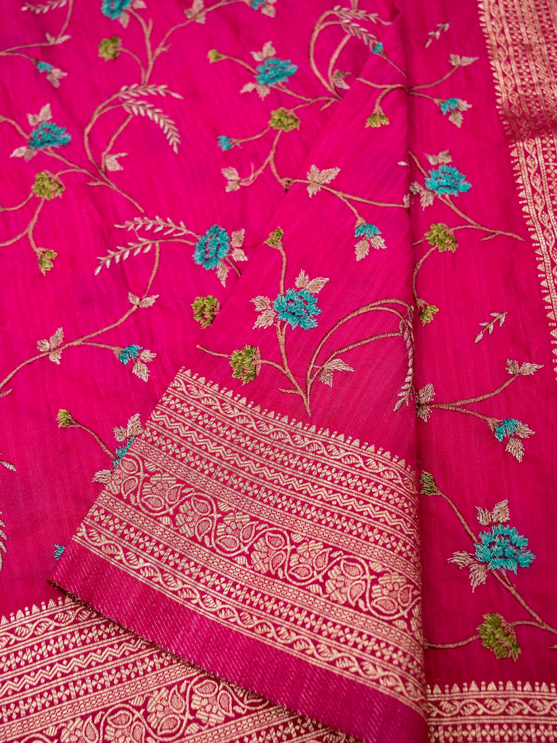 Banarasi Russian silk allover resham embroidery with Kanchi border and rich pallu attached jari buti Blouse