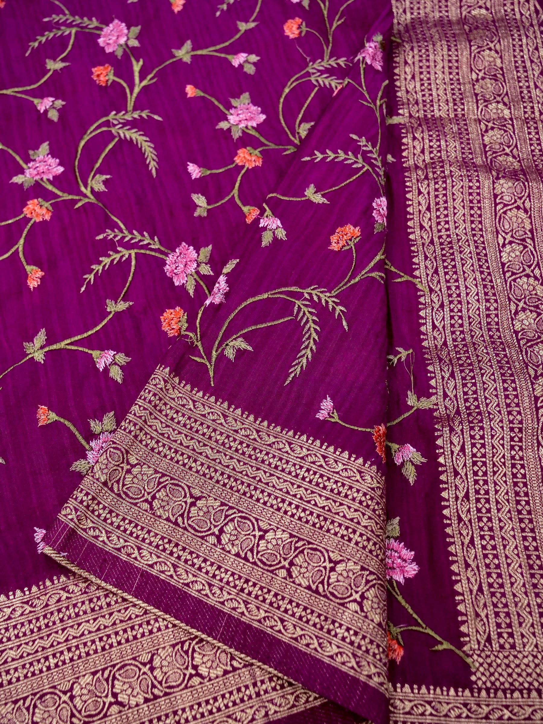 Banarasi Russian silk allover resham embroidery with Kanchi border and rich pallu attached jari buti Blouse