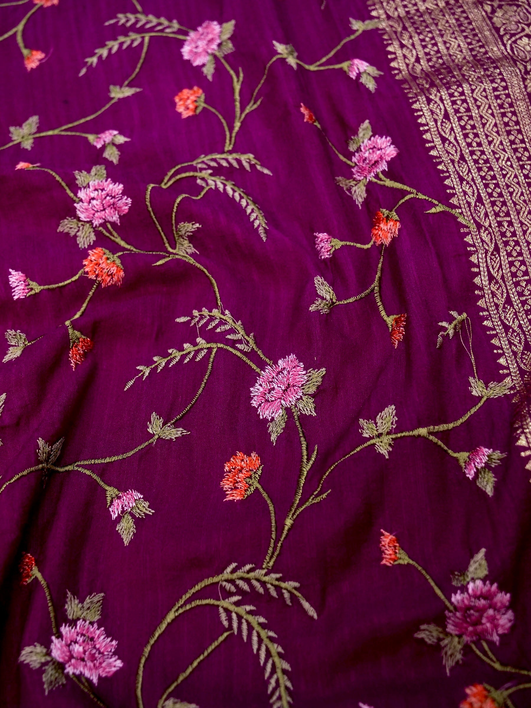 Banarasi Russian silk allover resham embroidery with Kanchi border and rich pallu attached jari buti Blouse