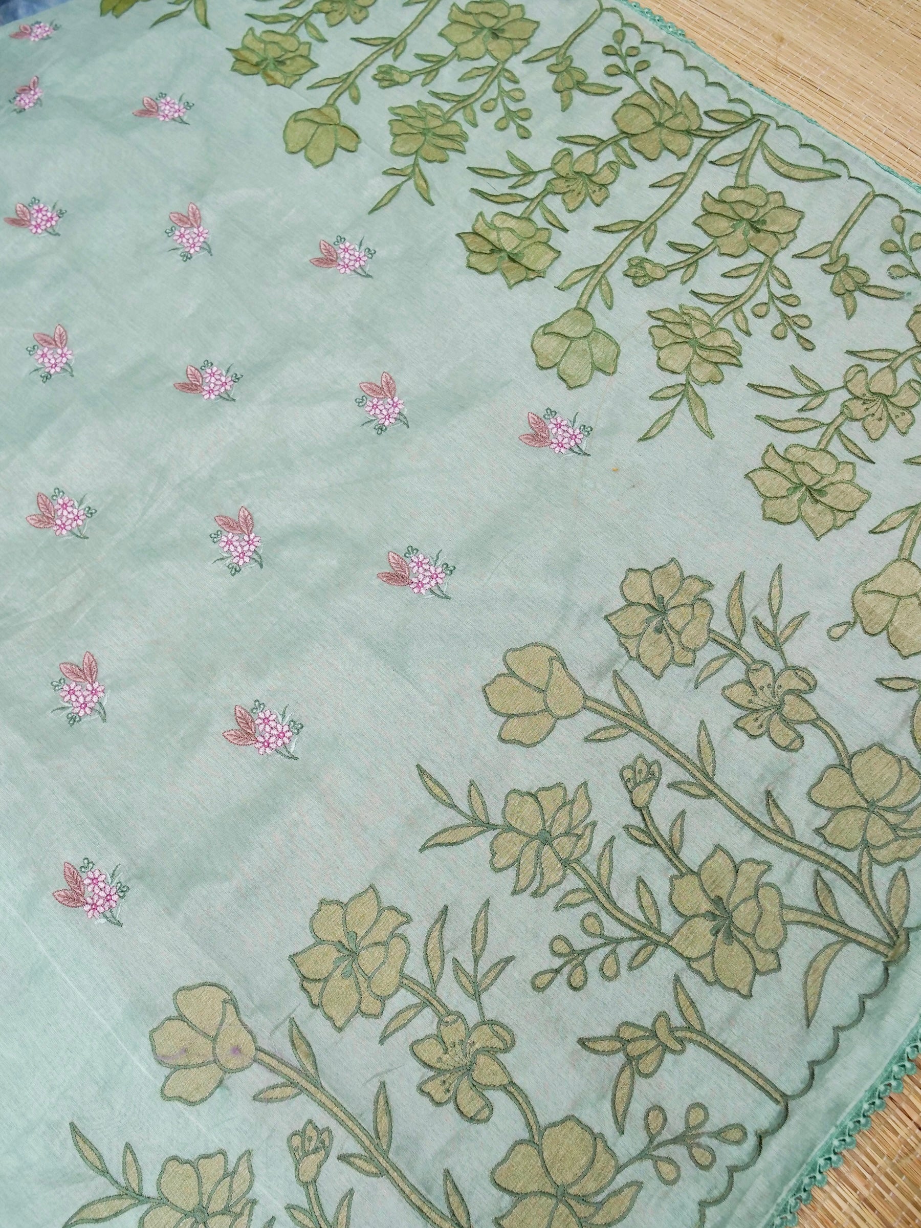 Banarasi cotton silk allover floral computer embroidery with skurt applic border attached jaquard blouse