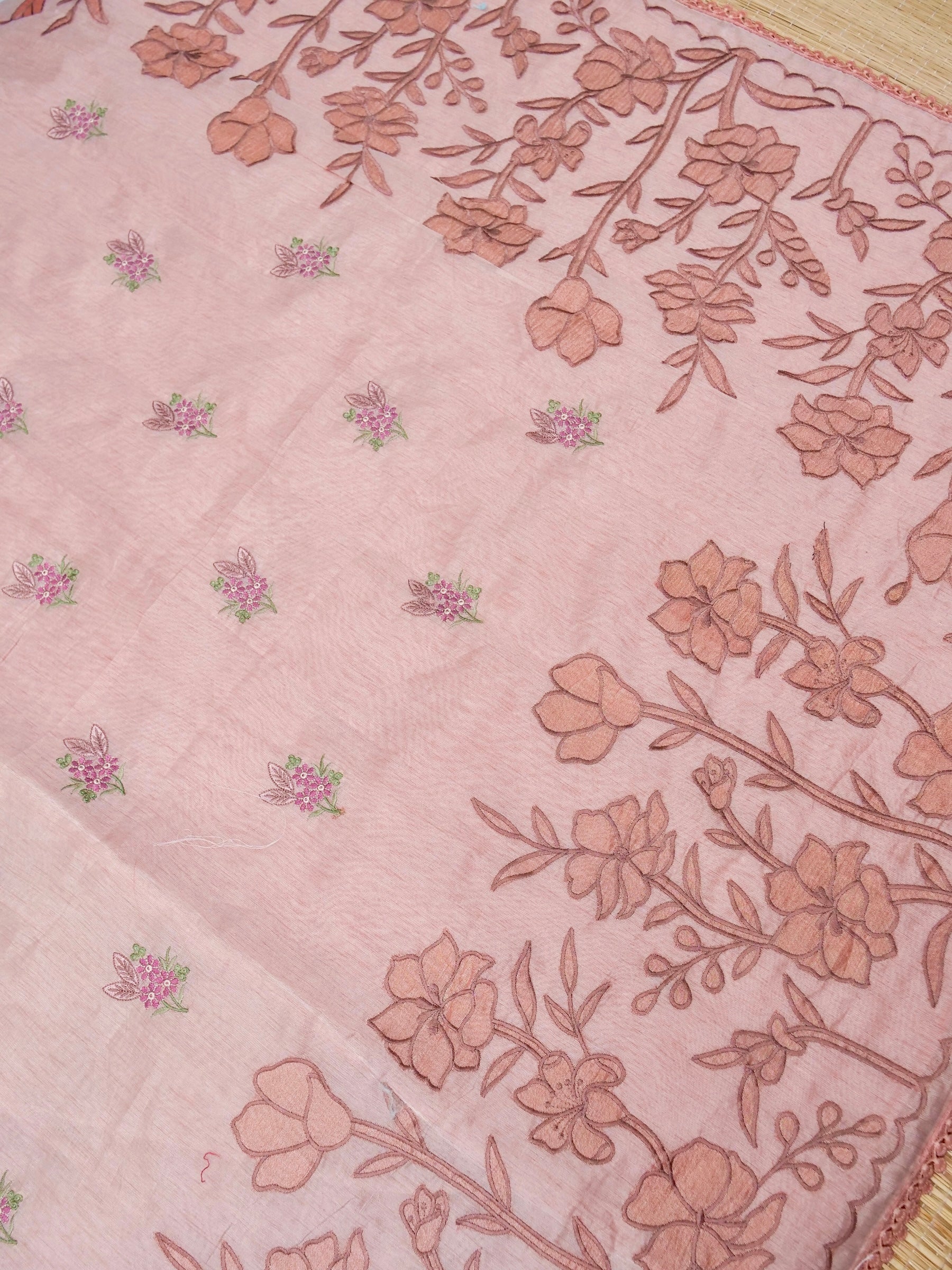 Banarasi cotton silk allover floral computer embroidery with skurt applic border attached jaquard blouse