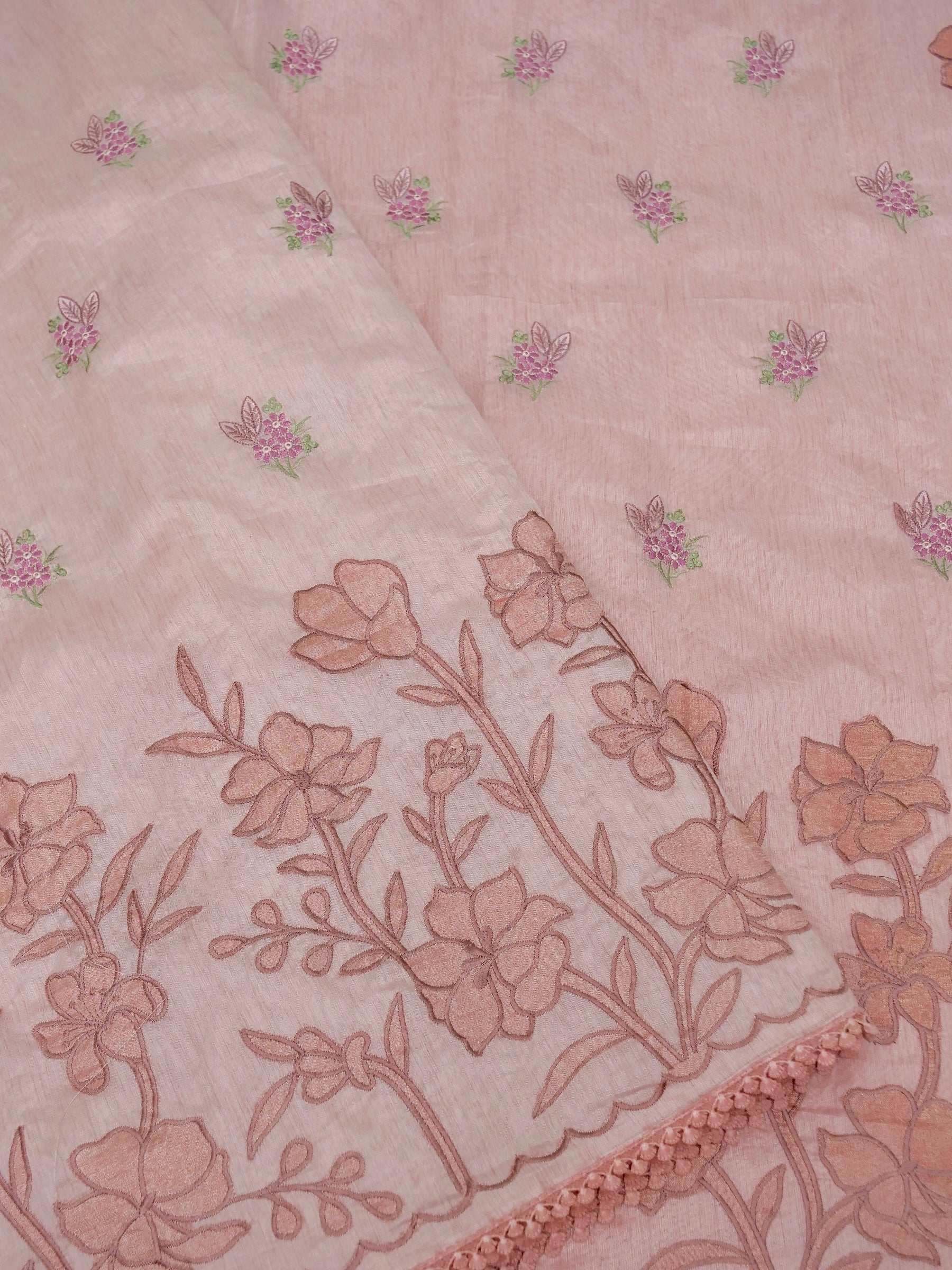 Banarasi cotton silk allover floral computer embroidery with skurt applic border attached jaquard blouse