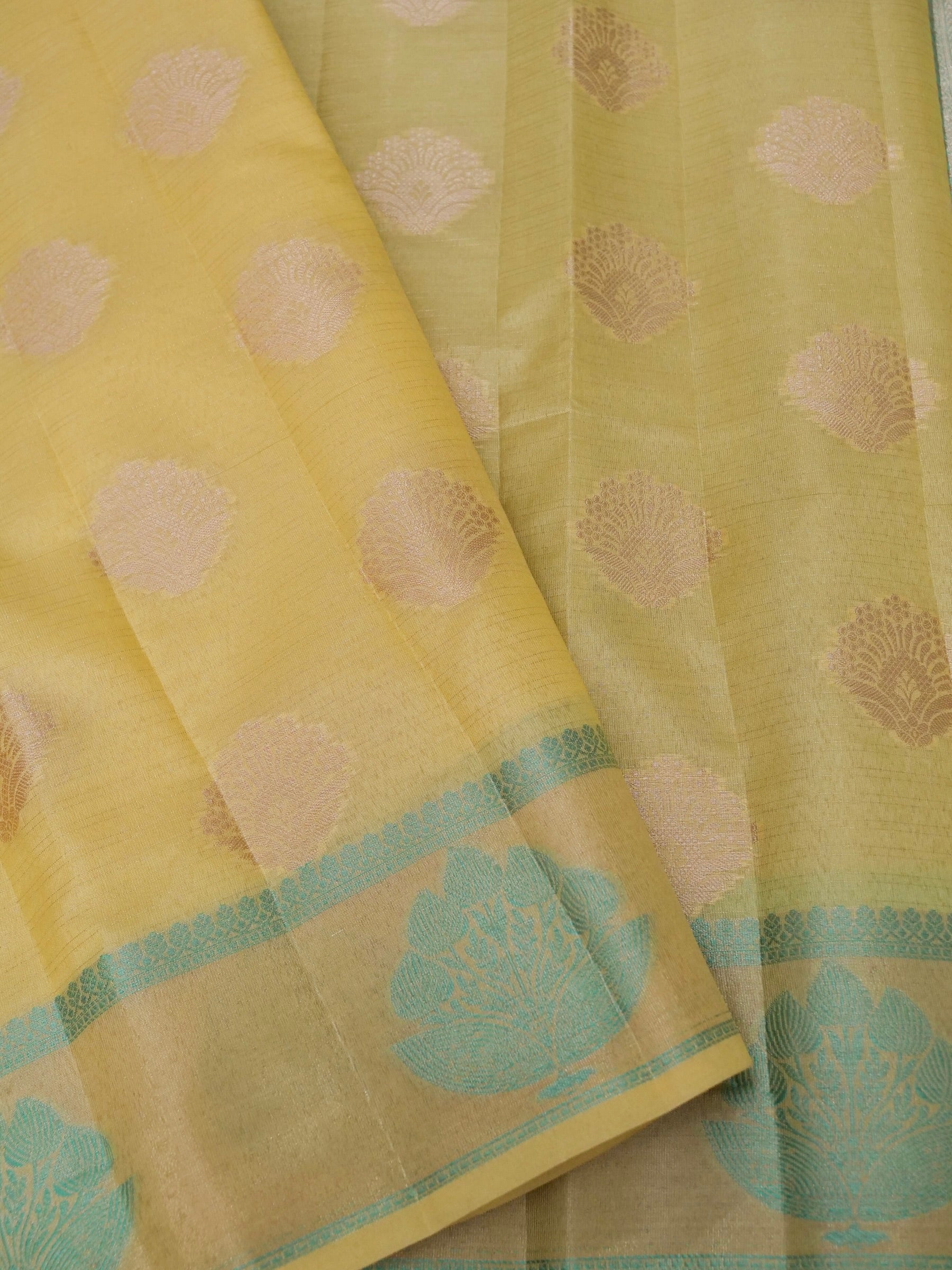 Cotton moti silk zari linning with tissue jari buta border with rich pallu and jacquard Blouse