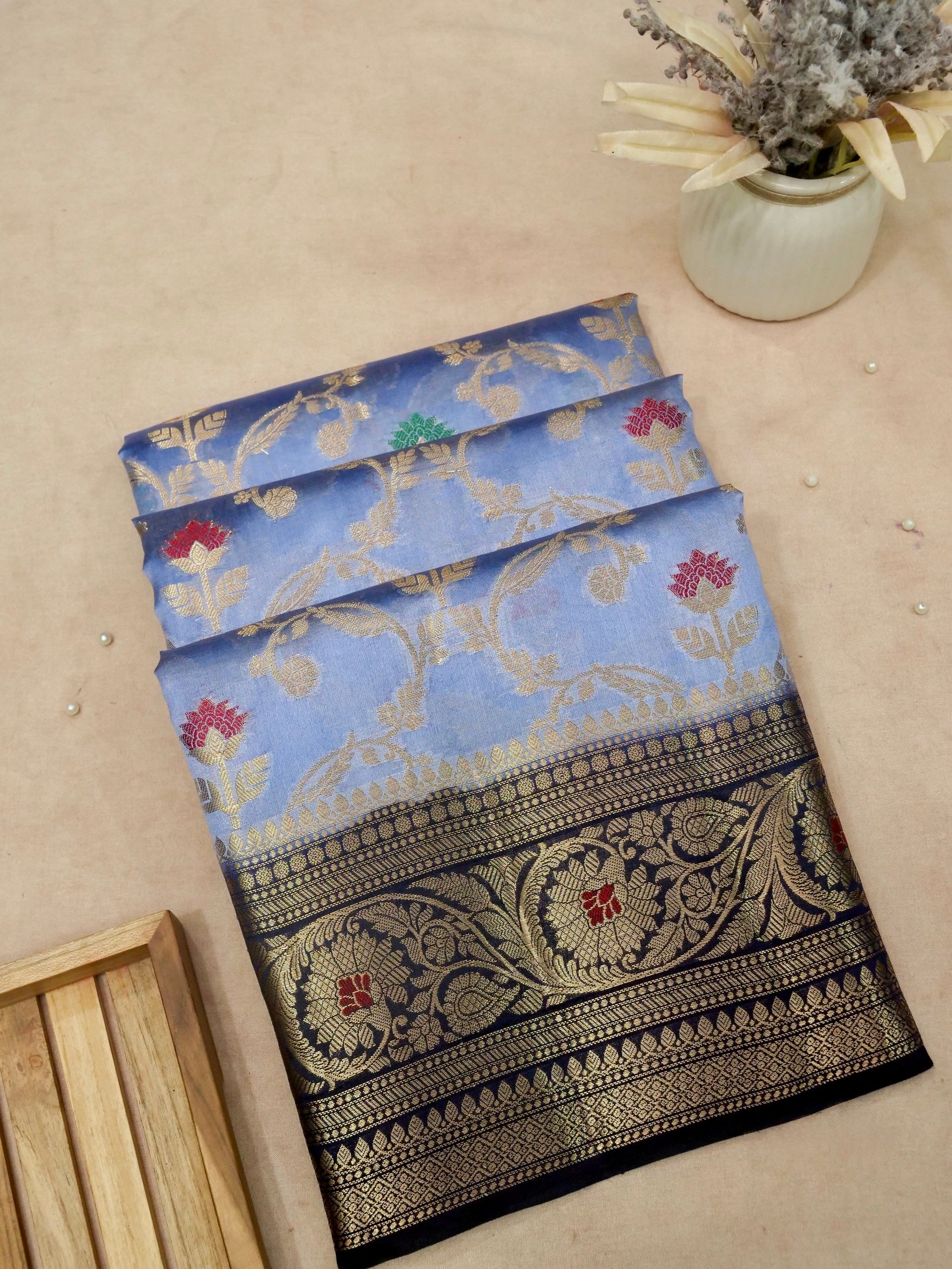 Banarasi Pure Dupion Silk Allover Zari Jaal Design with Resham Meena Attached Contrast Blouse