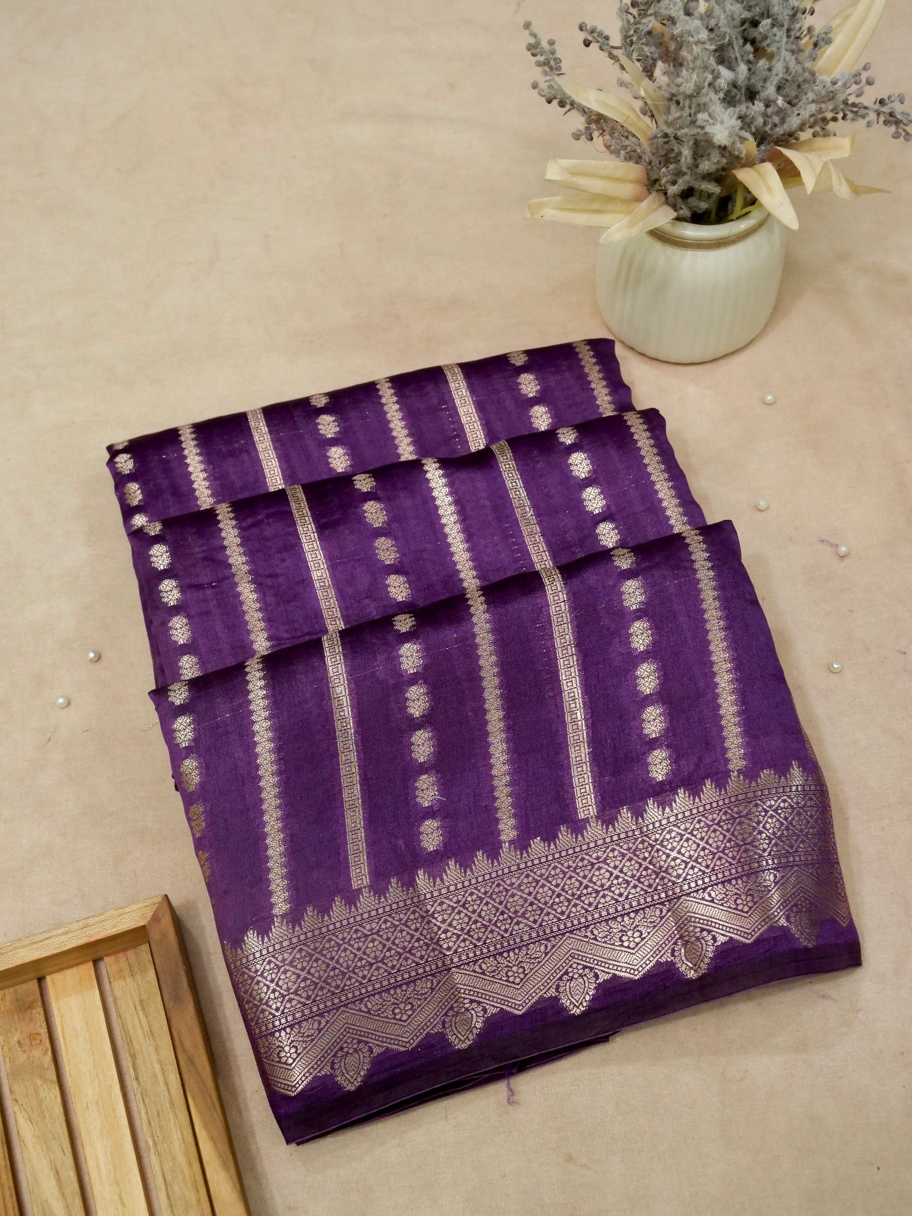 Banarasi Pure Chiniya Silk Sarees Allover Zari Buti Stripe Self Dye with Contrast Blouse