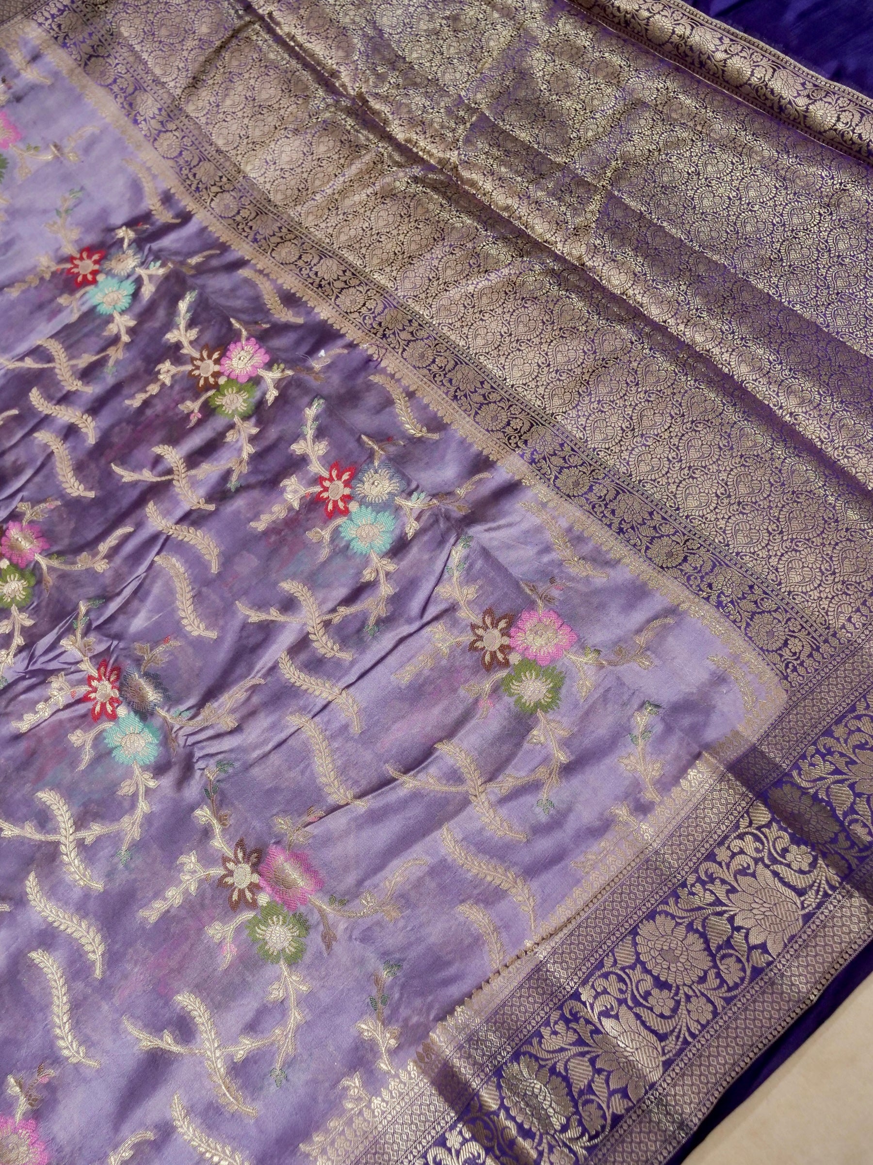 Banarasi Pure Dupion Silk Allover Zari Jaal Design with Resham Meena Attached Contrast Blouse