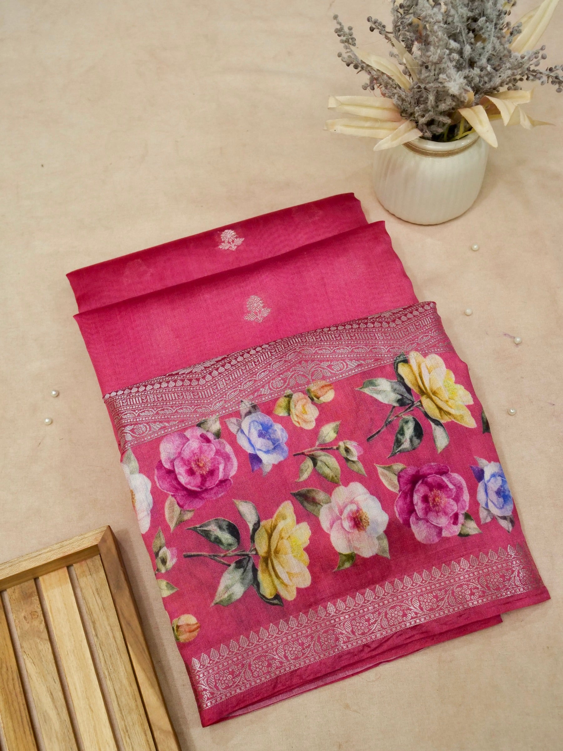 Banarasi Pure Chiniya Silk Allover Zari Buti with Rubber Print in Border with Printed Blouse